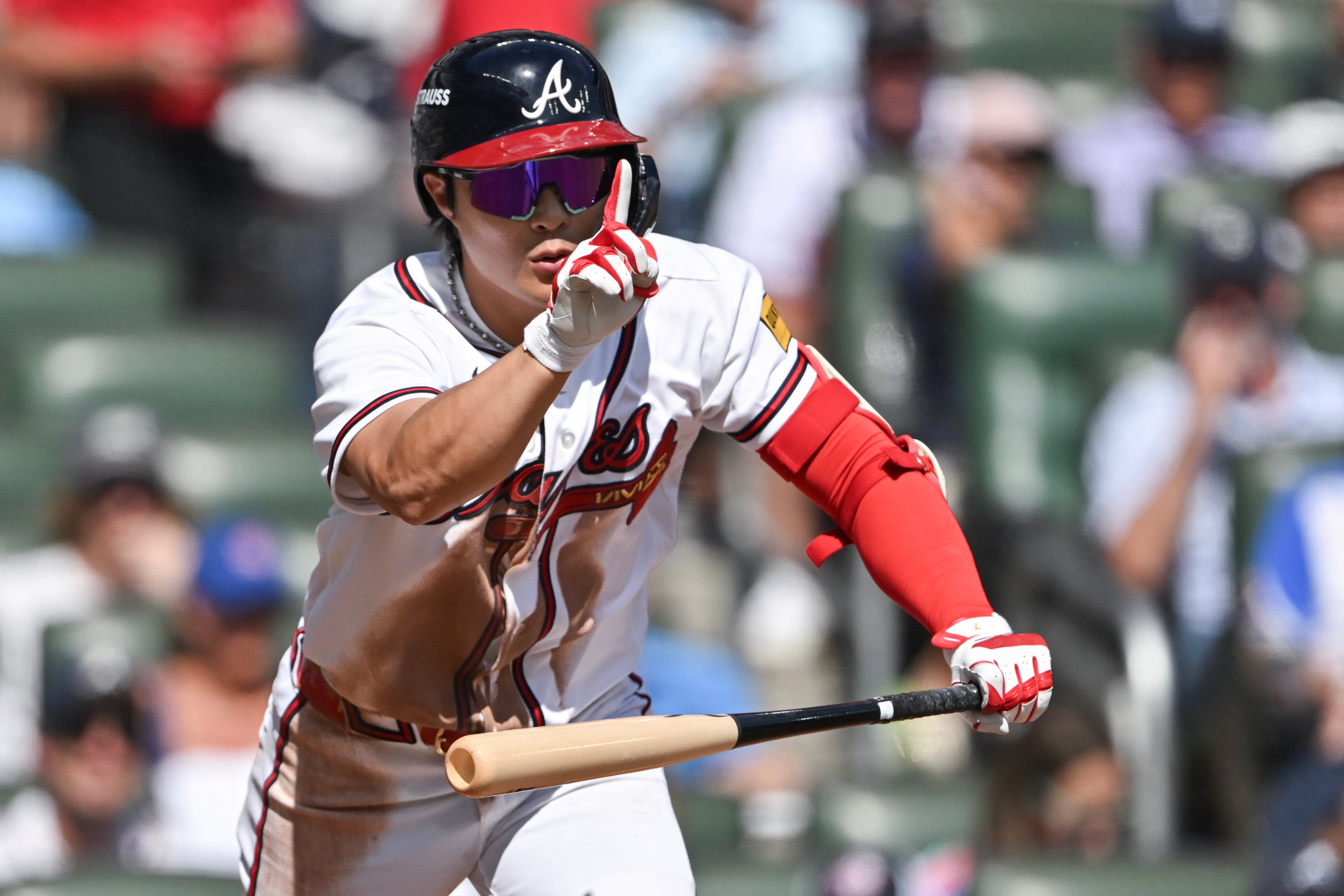 Braves shortstop Ha-Seong Kim celebrates after earning a walk against the Phillies during Game 2 of their NL Wild Card Series on Wednesday, Sept. 30, 2026, in Atlanta. (Hyosub Shin/AJC)