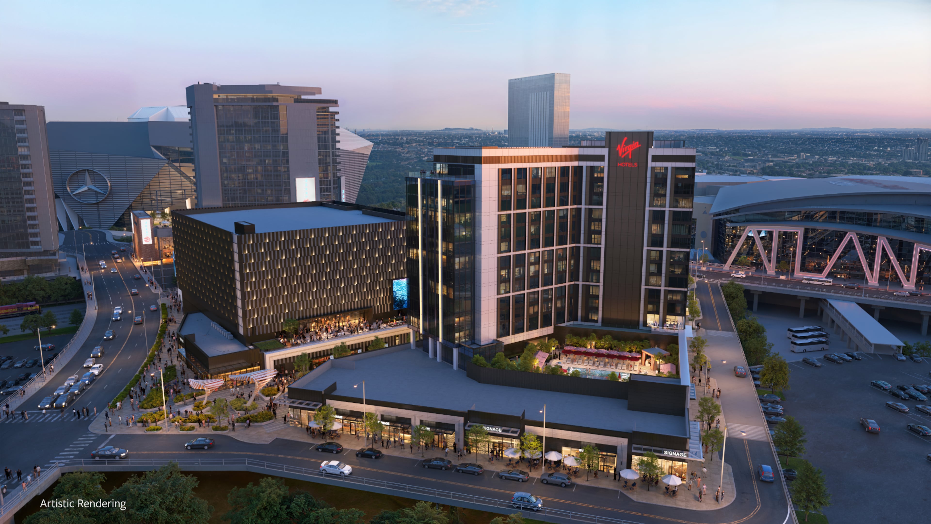 This rendering shows the 261-room hotel that Virgin Hotels will operate within the Centennial Yards entertainment district in downtown Atlanta. (Courtesy of Centennial Yards)