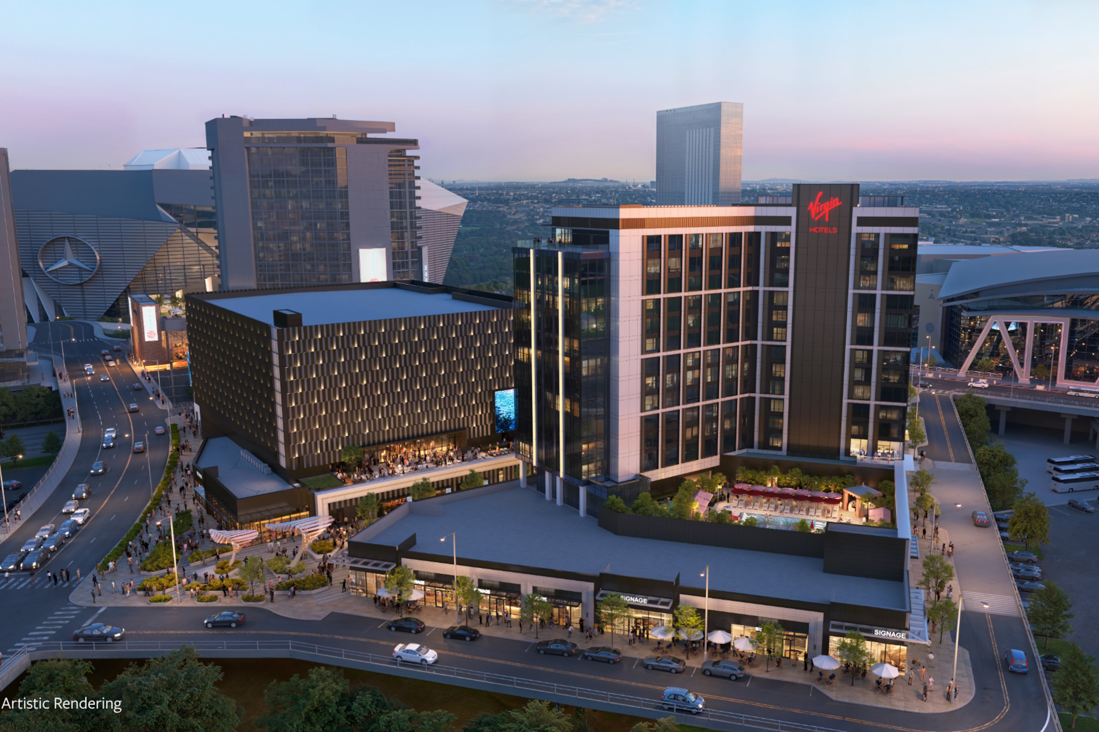 This rendering shows the 261-room hotel that Virgin Hotels will operate within the Centennial Yards entertainment district in downtown Atlanta. (Courtesy of Centennial Yards)