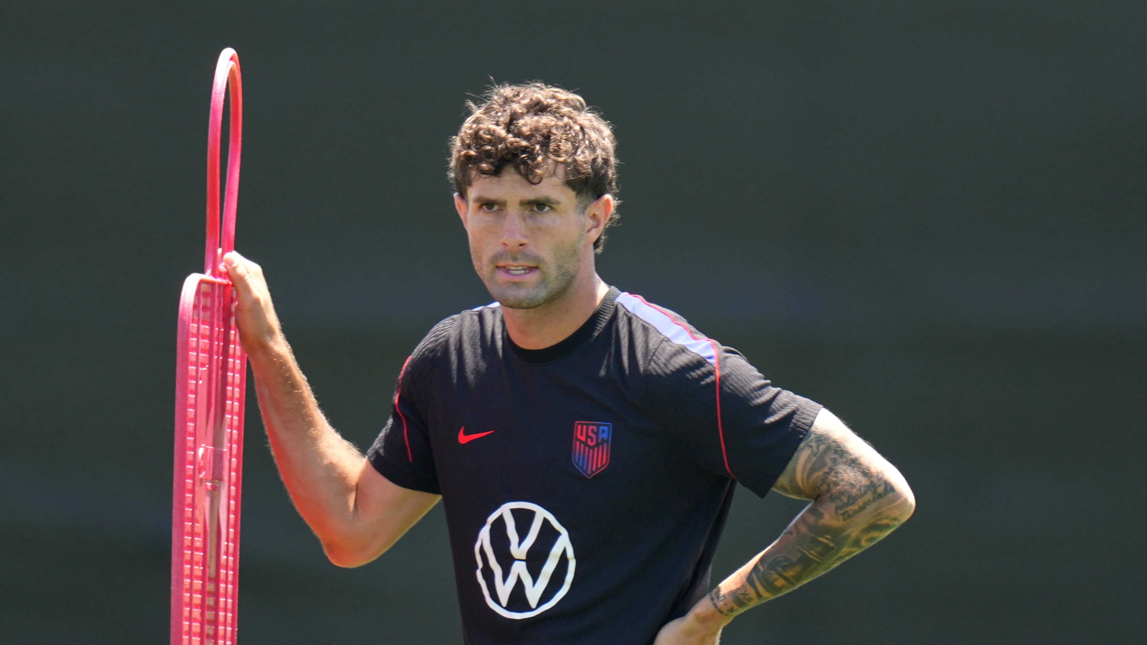 United States' Christian Pulisic attends a training session ahead of a FIFA World Cup match against Turkey in Irvine, Calif., Tuesday, June 23, 2026. (AP Photo/Andre Penner)
