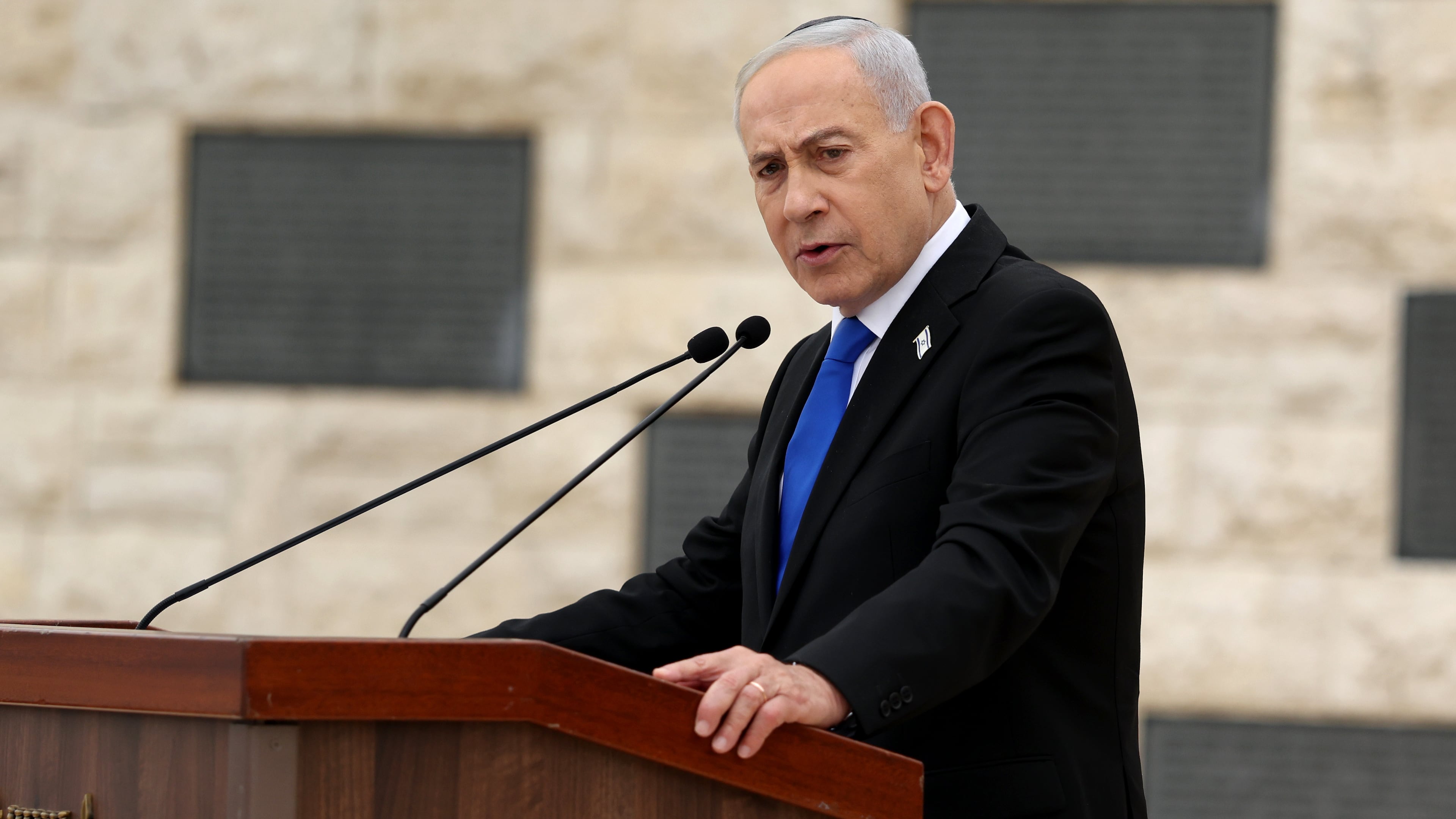 Israel's Prime Minister Benjamin Netanyahu attends a ceremony commemorating Israel's Remembrance Day for fallen soldiers, or Yom HaZikaron, at the Military Cemetery on Mount Herzl in Jerusalem, Tuesday April 21, 2026. (Ilia Yefimovich/Pool Photo via AP)