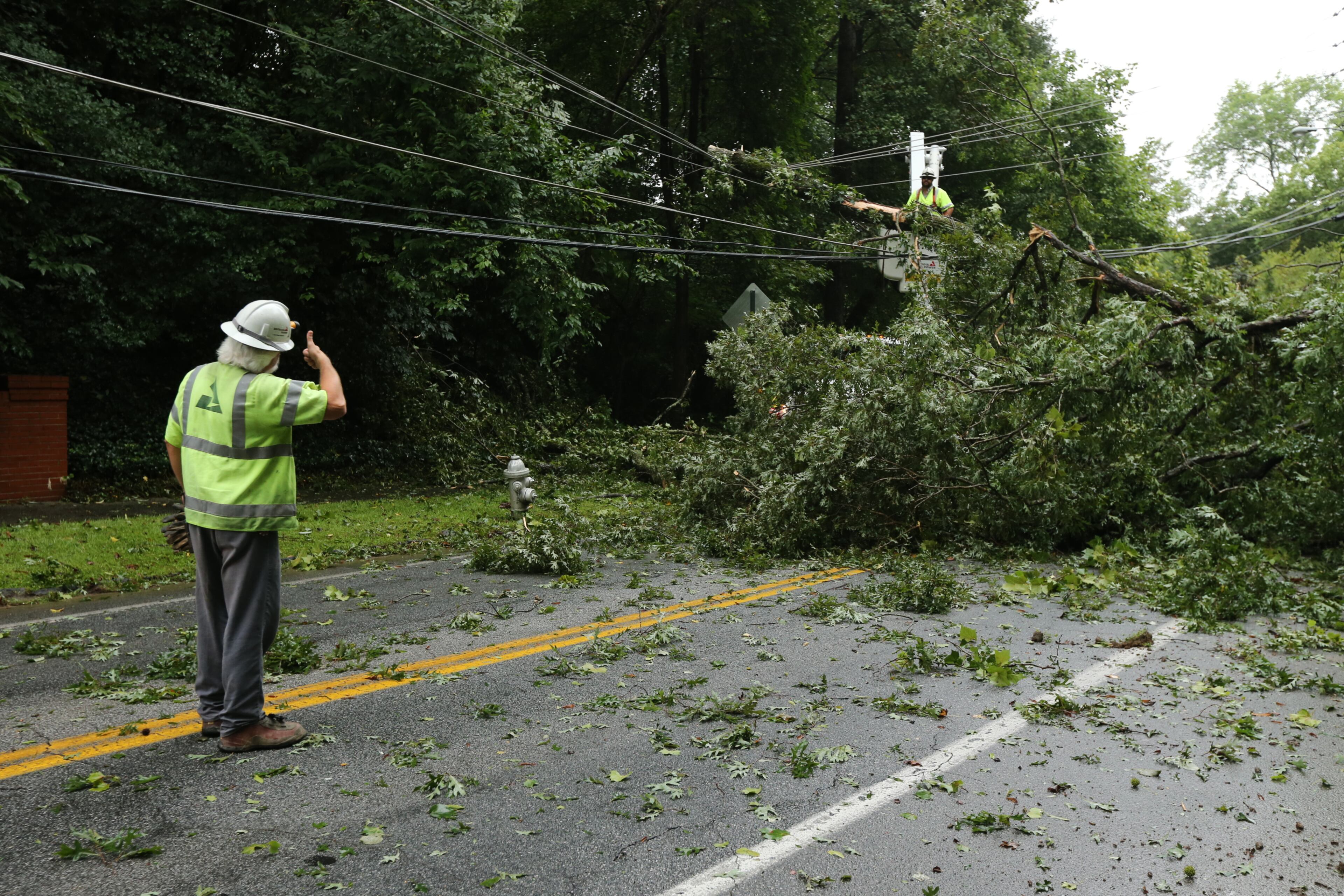 Georgia Power's Michael Huddleston works on lines downed by a tree at Wildwood and Lenox roads in Atlanta.