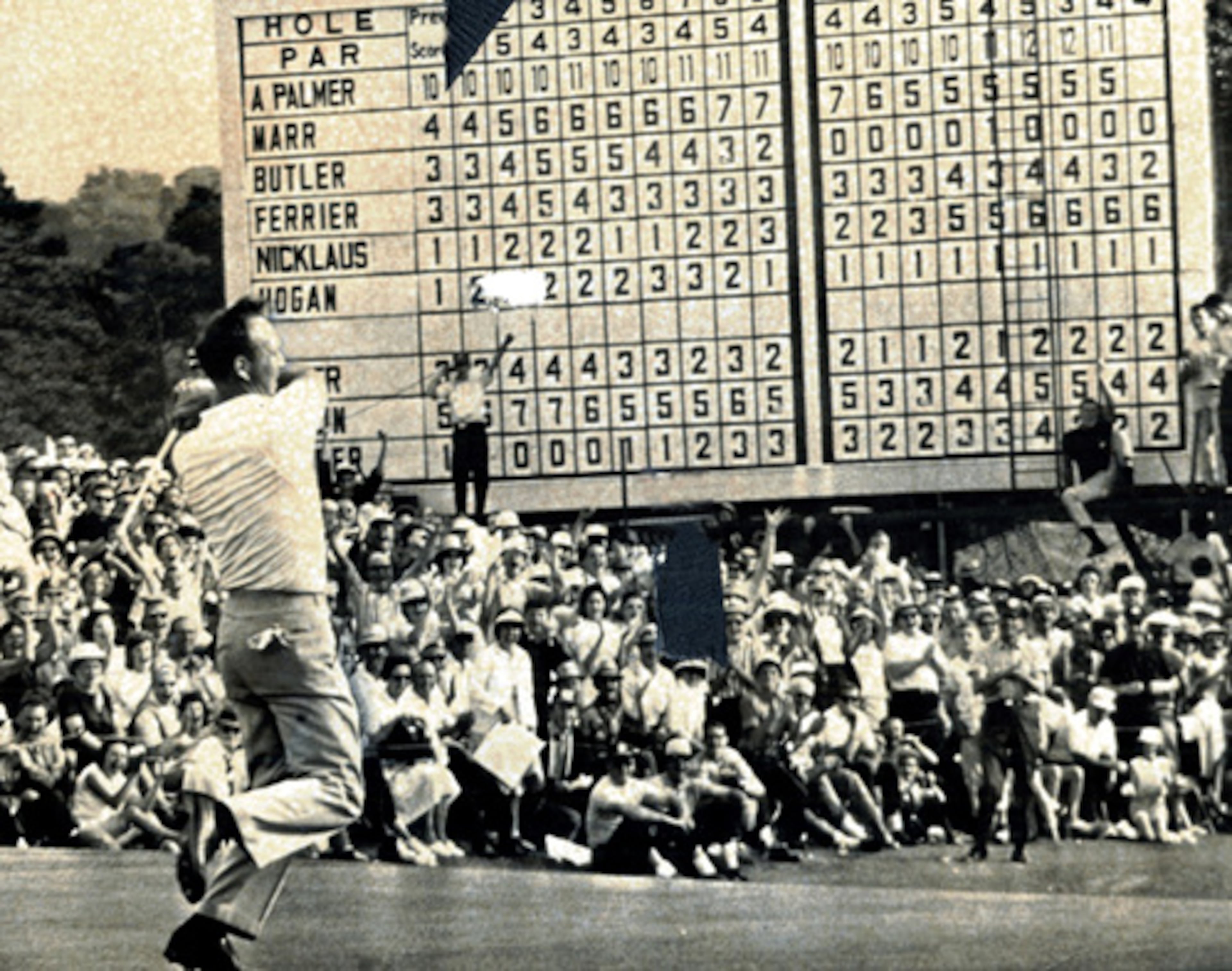 Arnold Palmer swings his putter in glee after dropping a birdie putt at the 18th hole for the 1964 win.
