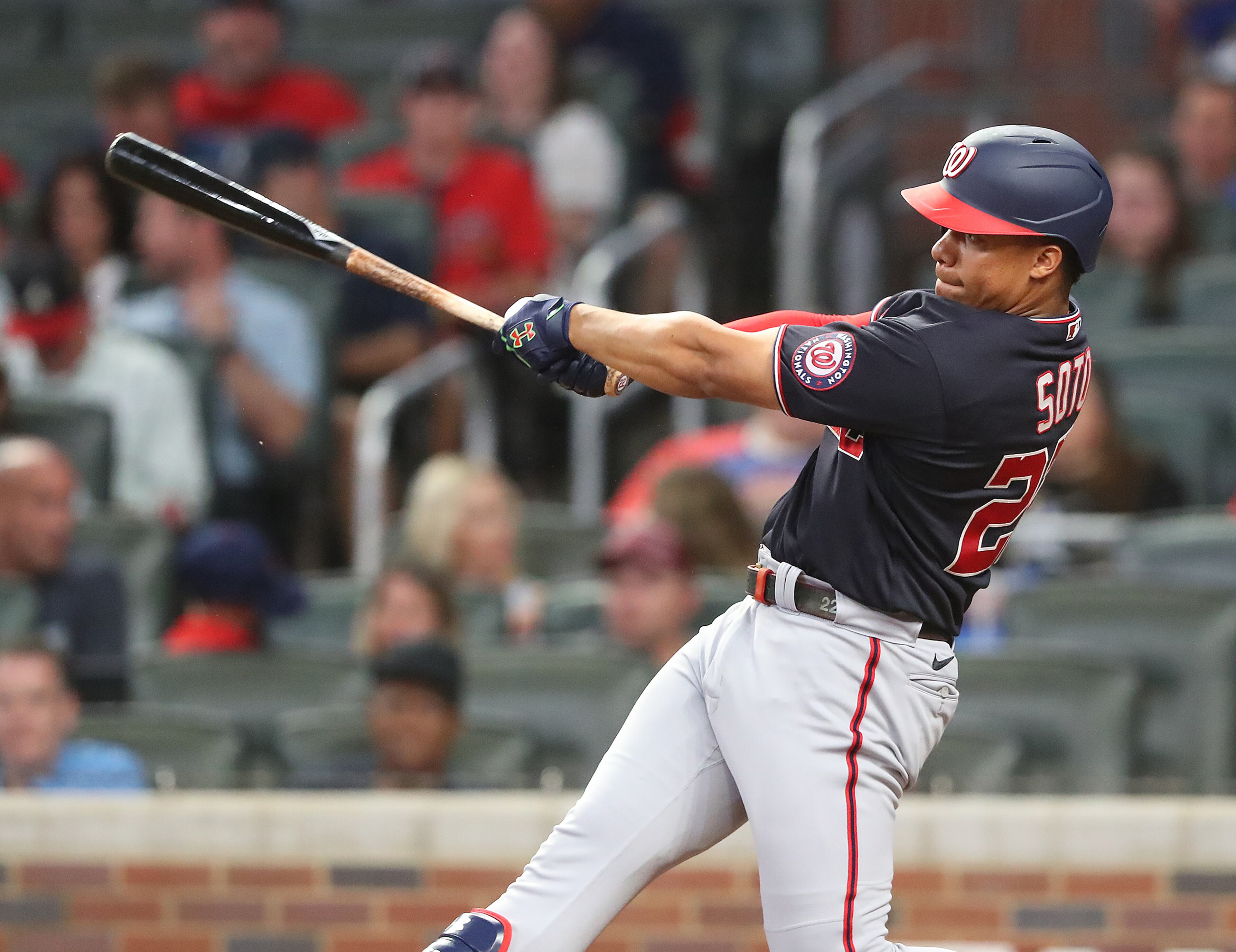Nationals outfielder Juan Soto hits a solo homer to take a 3-2 lead over the Atlanta Braves during the seventh inning. “Curtis Compton / Curtis.Compton@ajc.com”