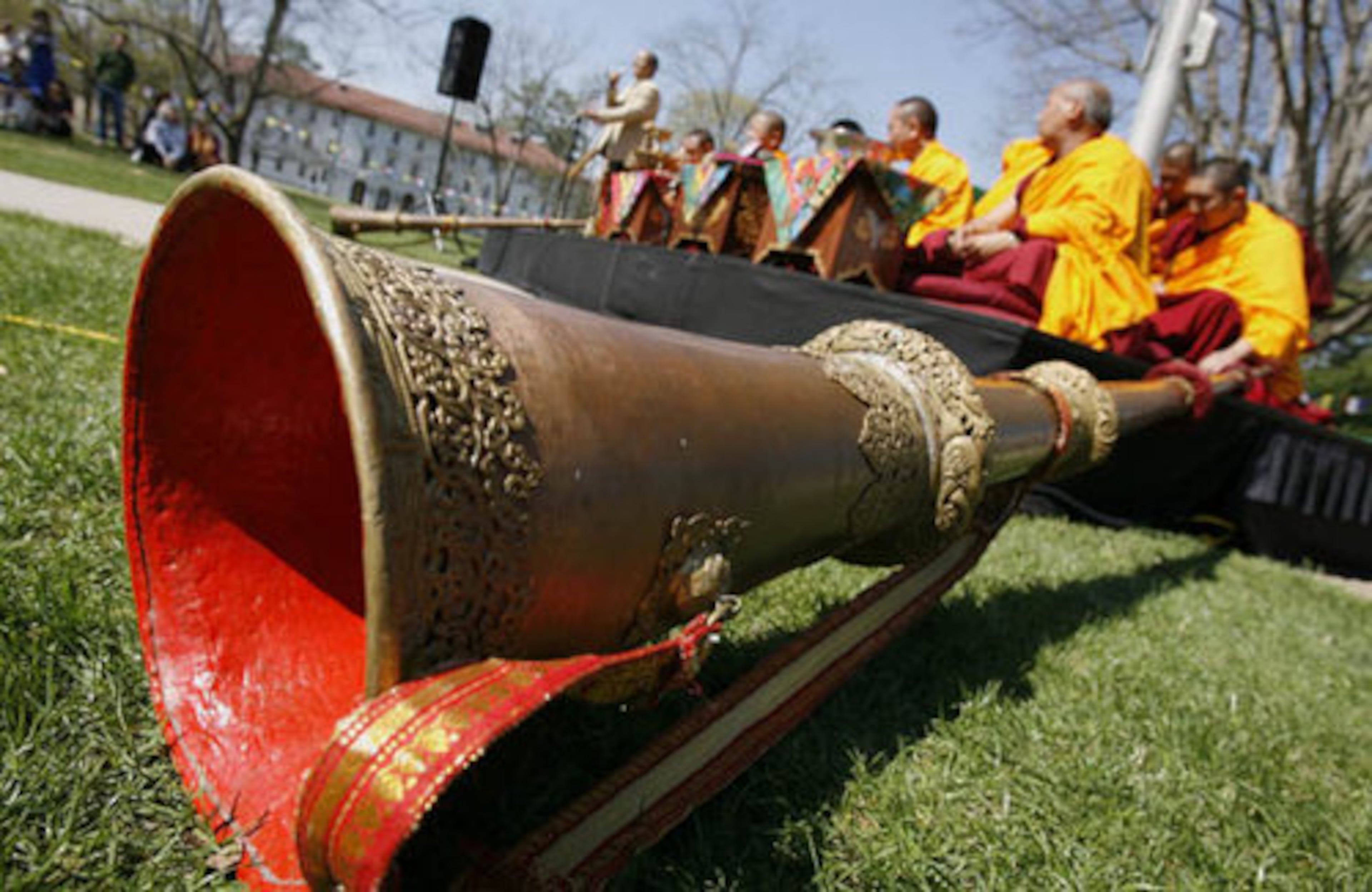 Members of the Drepung Loseling Monastery get ready to pray and chant during the opening ceremony of Tibet Week at Emory University, a product of the Emory-Tibet Partnership. Tibet Week highlights and the cultural, philosophical and artistic aspects of Tibet.