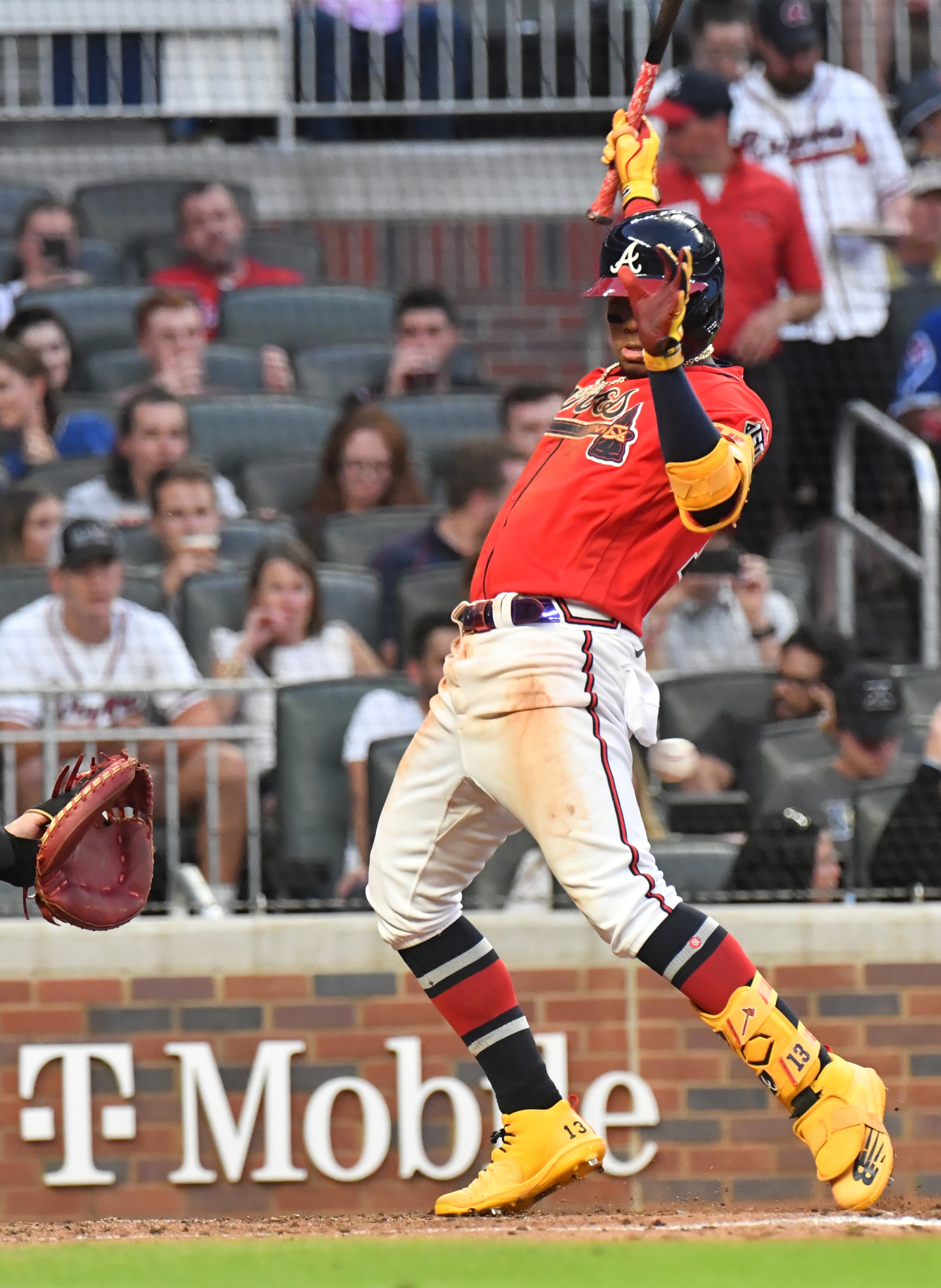 Braves right fielder Ronald Acuna Jr. (13) is hit by a pitch in the 4th inning. (Hyosub Shin / Hyosub.Shin@ajc.com)