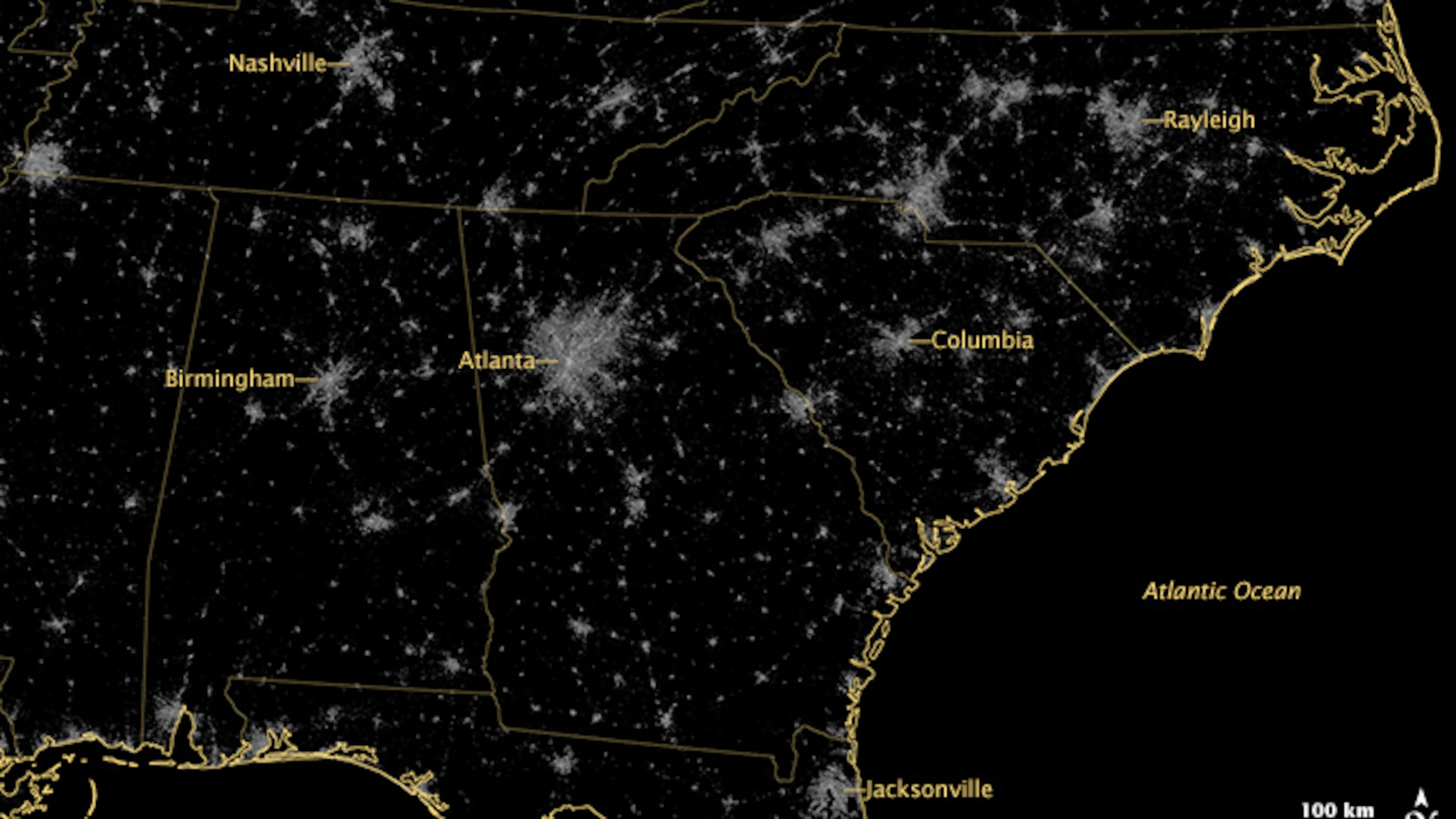 Image of lights in the Southeastern United States acquired on Dec. 26, 2013, by the Visible Infrared Imaging Radiometer Suite on the Suomi NPP satellite.