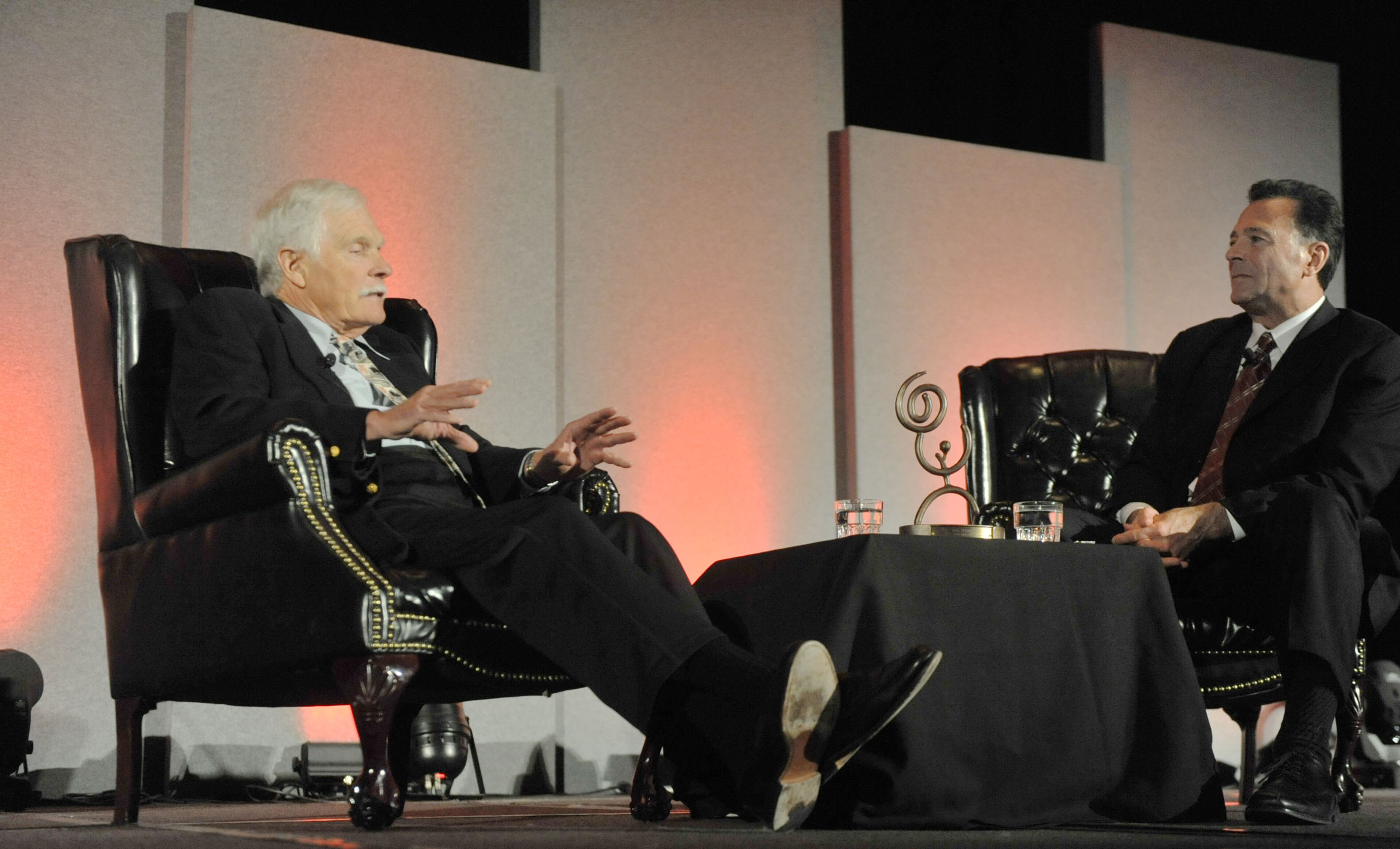 Ted Turner, back from hospitalization in South America, talks during the Technology Association of Georgia 2014 Technology Summit at the Cobb Galleria Centre Wednesday, March 26, 2014. Turner, the Atlanta billionaire and founder of Turner Broadcasting System, suffered from appendicitis while in the Patagonia region earlier this month. He underwent surgery at a hospital in Buenos Aires. On March 10, he thanked supporters and well-wishers, noting he was recuperating and “looking forward to getting back to business as usual.”