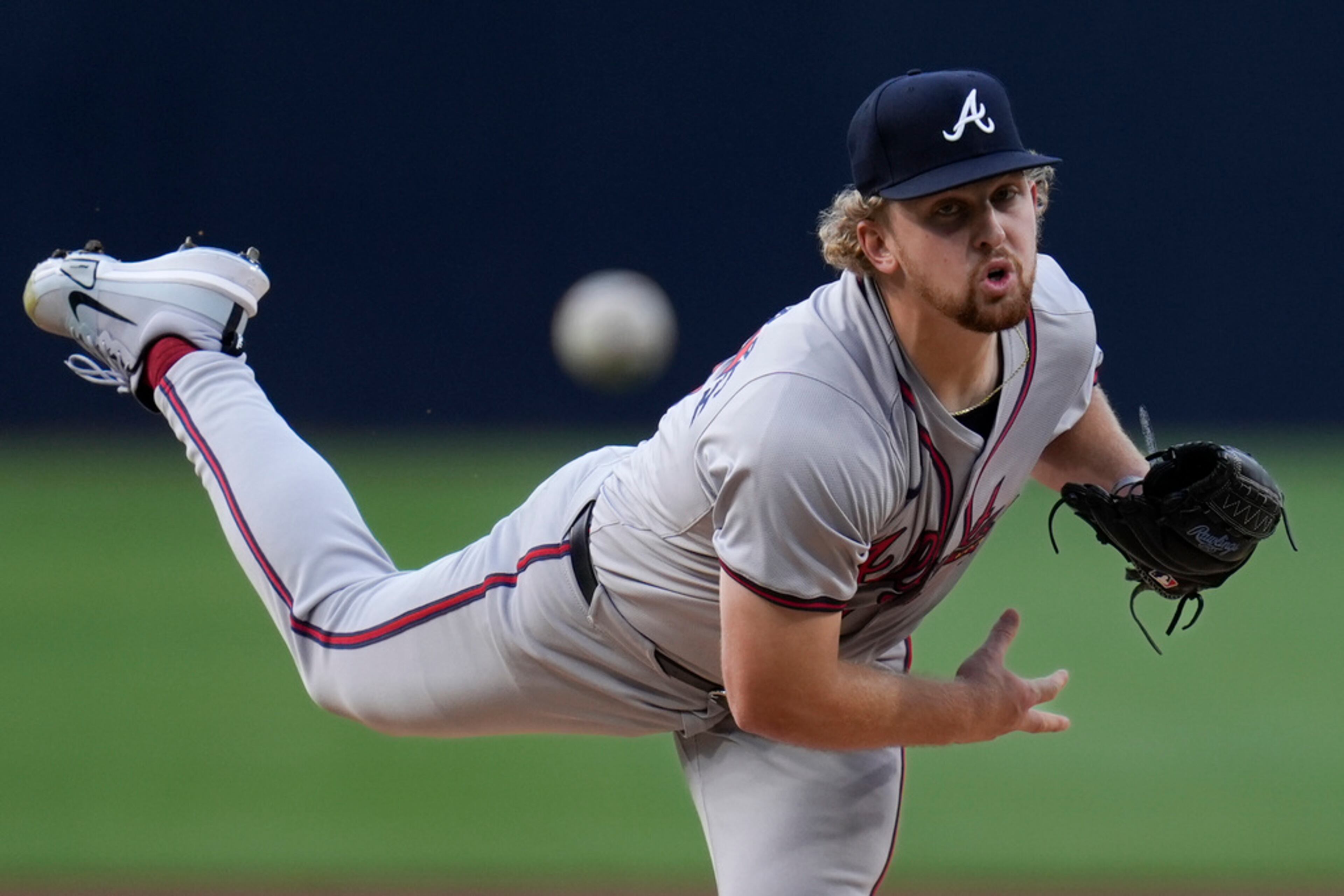 Atlanta Braves starting pitcher Spencer Schwellenbach works against a San Diego Padres batter during the first inning of a baseball game Friday, July 12, 2024, in San Diego. The Braves won 6-1. (AP Photo/Gregory Bull)