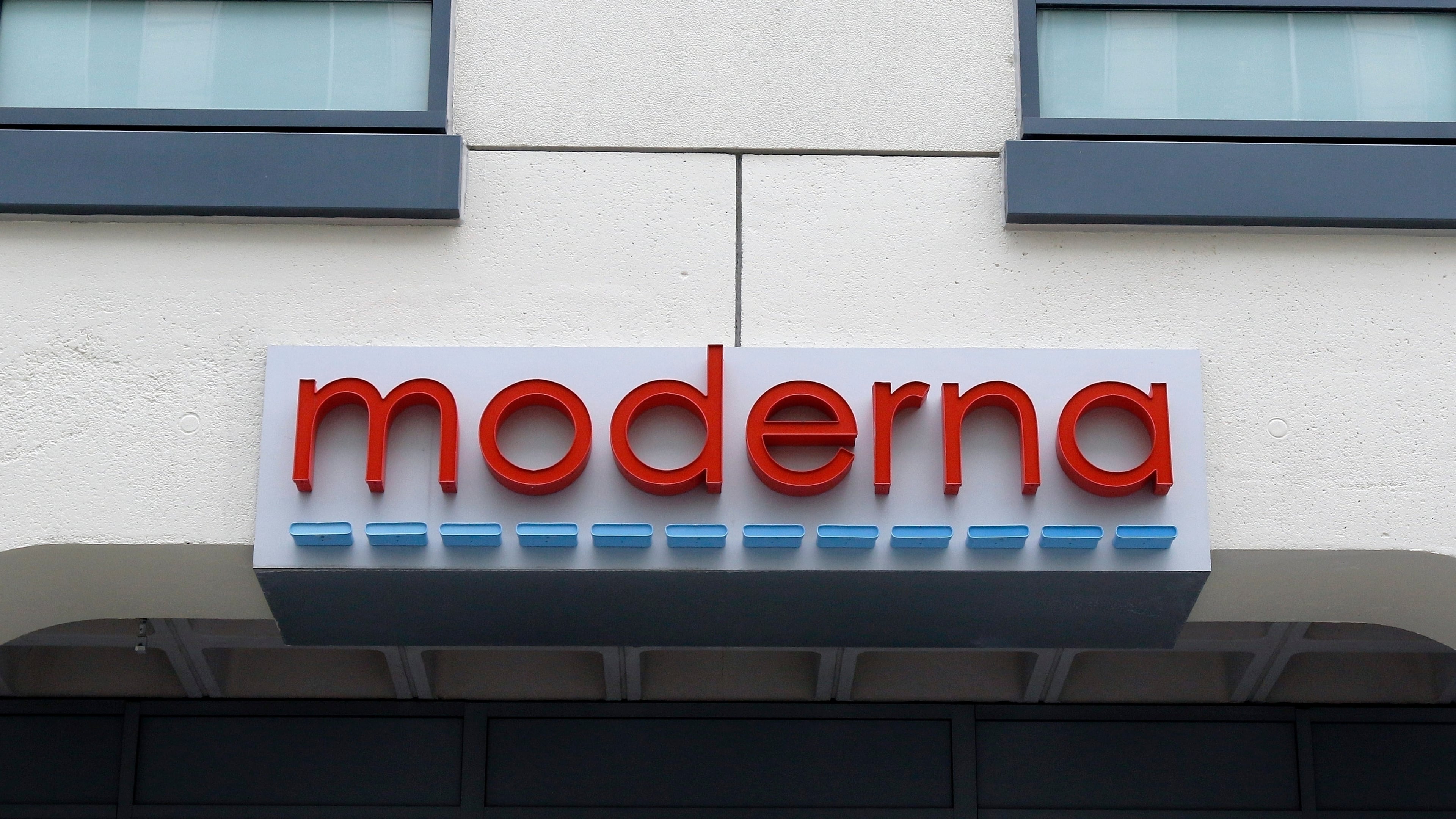 FILE - A sign marks an entrance to a Moderna building in Cambridge, Mass., May 18, 2020. (AP Photo/Bill Sikes, File)prnto