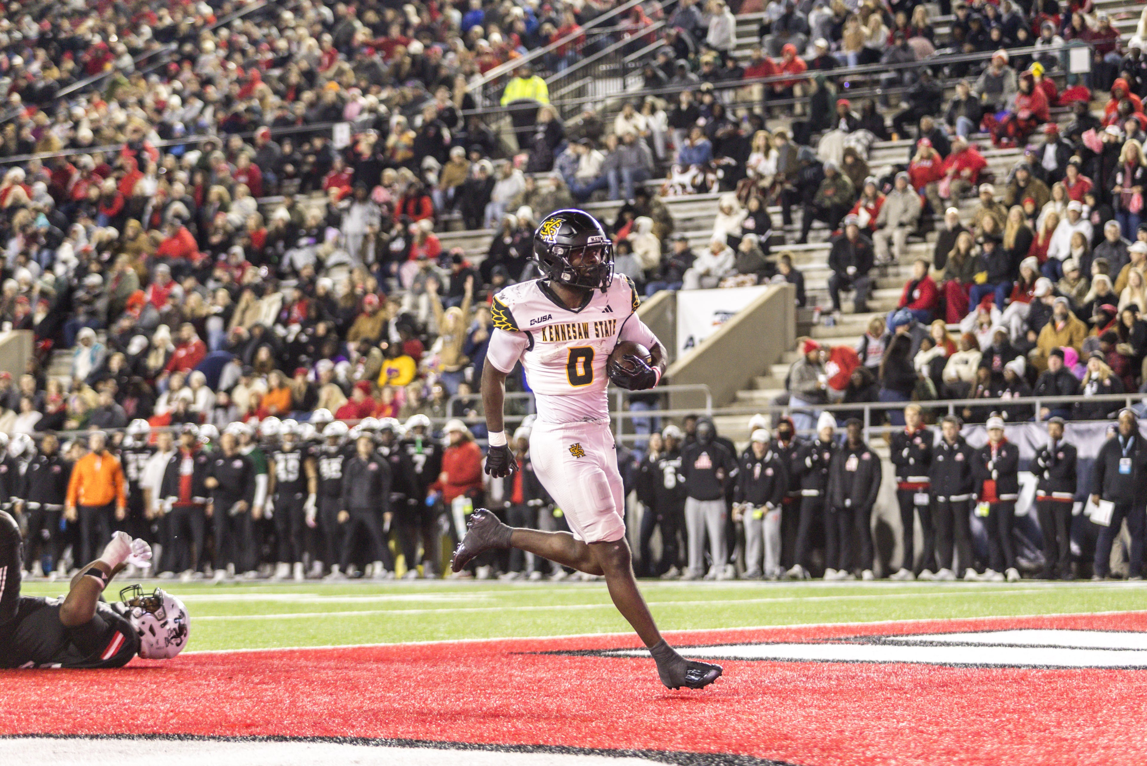 Coleman Bennett scores a touchdown in the Conference USA Championship game against Jacksonville State on Saturday, Dec. 13, 2025. Bennett led the Owls this season with 157 carries and 764 yards, with four touchdowns. (Courtesy of Kennesaw State Athletics)
