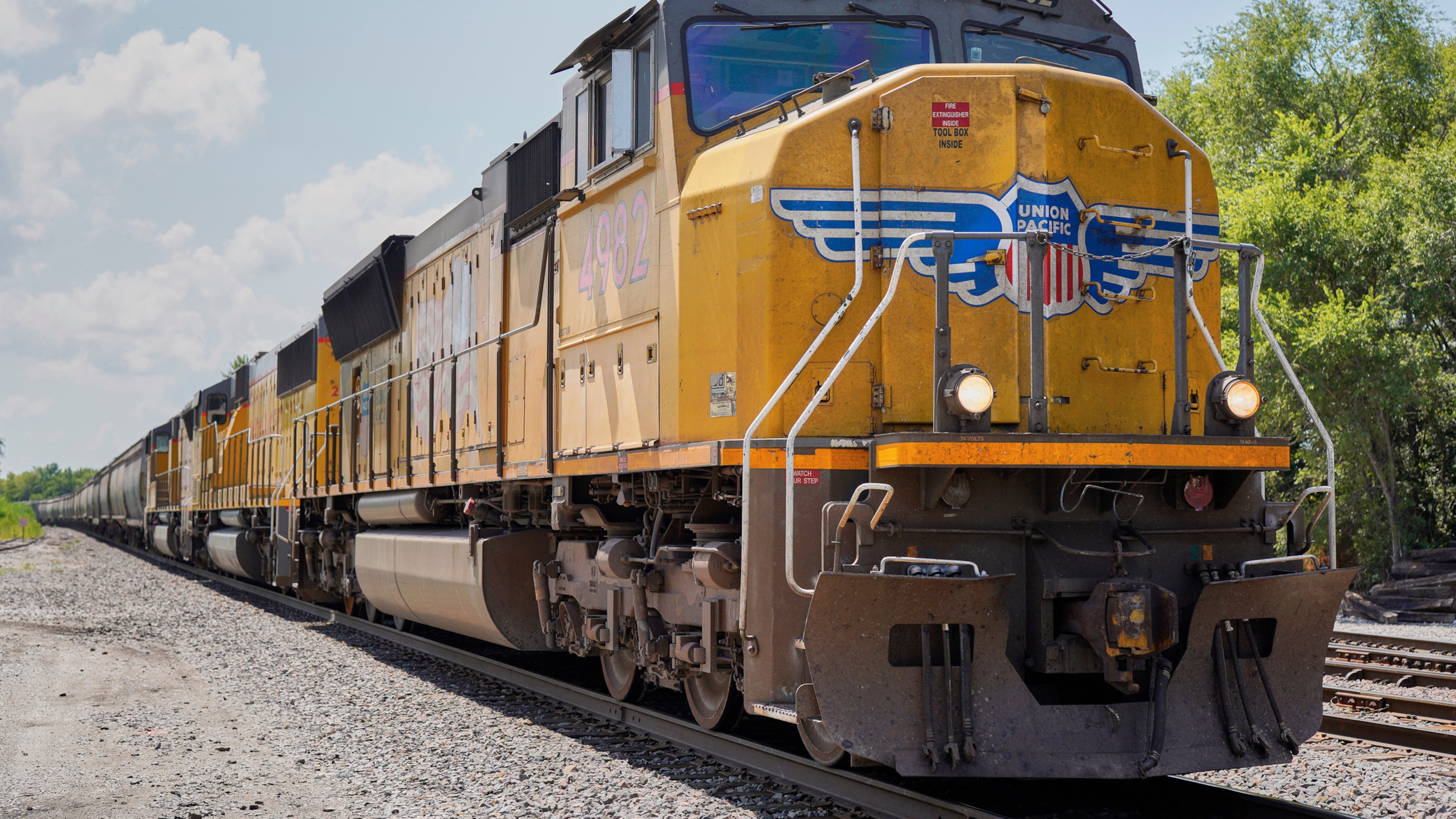 FILE - A Union Pacific train travels through Union, Neb., July 31, 2018. (AP Photo/Nati Harnik, File)