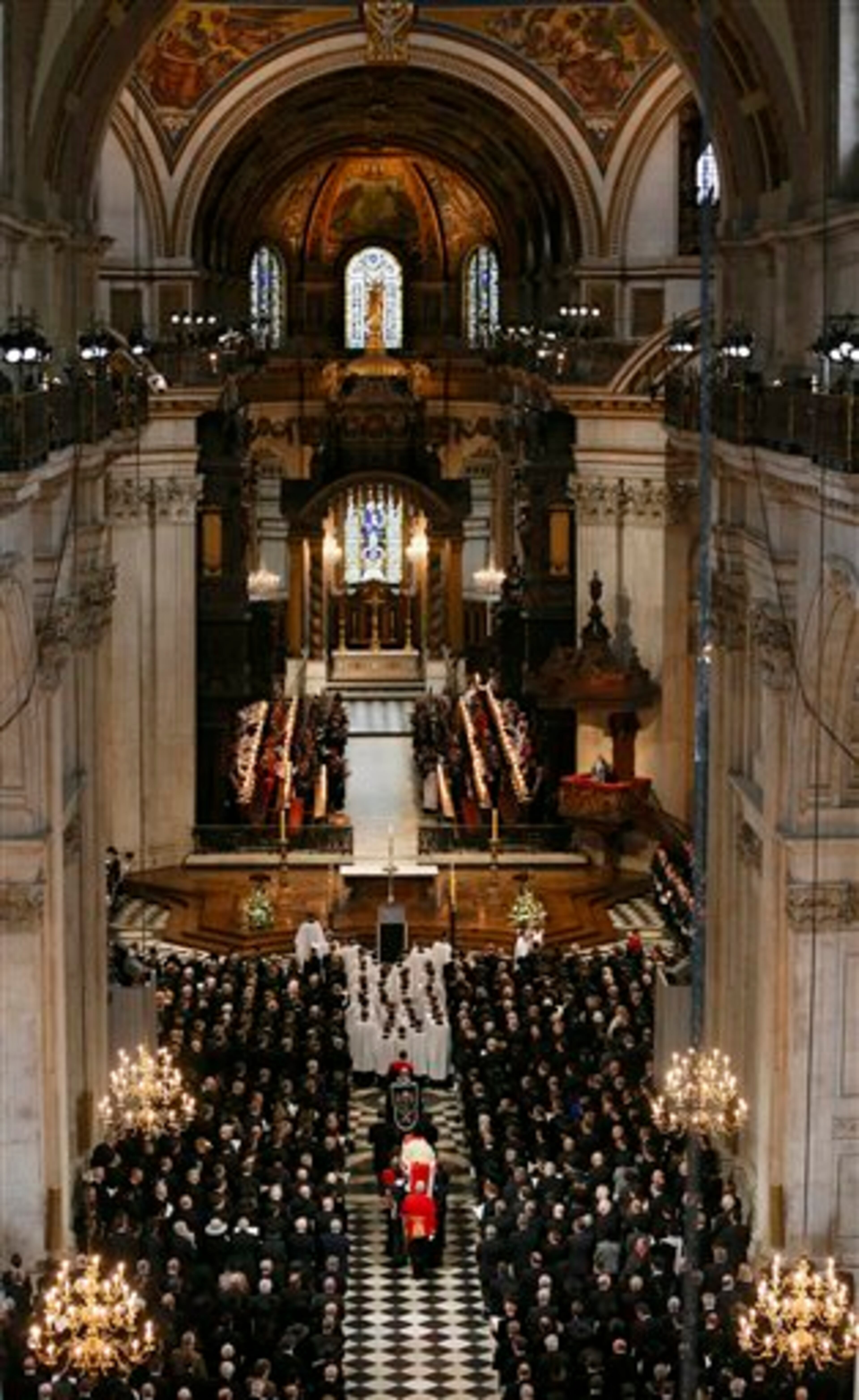 The coffin containing the body of former British Prime Minister Margaret Thatcher arrives for the ceremonial funeral at St Paul's Cathedral in London, Wednesday April 17, 2013. World leaders and dignitaries from 170 countries are due to attend the funeral of former British Prime Minister Margaret Thatcher on Wednesday, an elaborate affair with full military honors that will culminate in a service at St. Paul's Cathedral in London. (AP Photo/Stefan Wermuth, Pool)