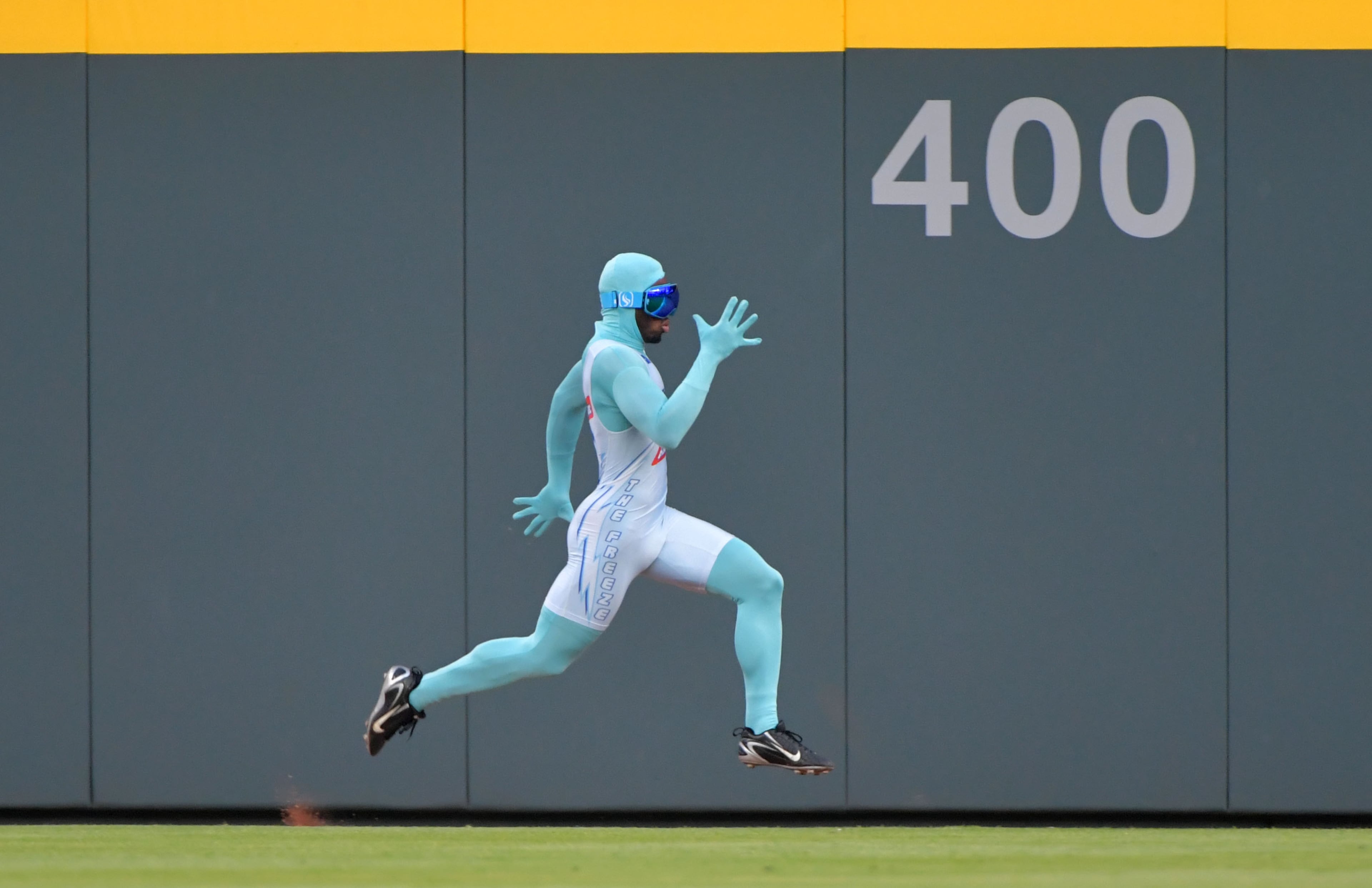 June 16, 2017 Atlanta - The Atlanta Braves' newest sensation "The Freeze" races against a fan at SunTrust Park on Friday, June 16, 2017. HYOSUB SHIN / HSHIN@AJC.COM