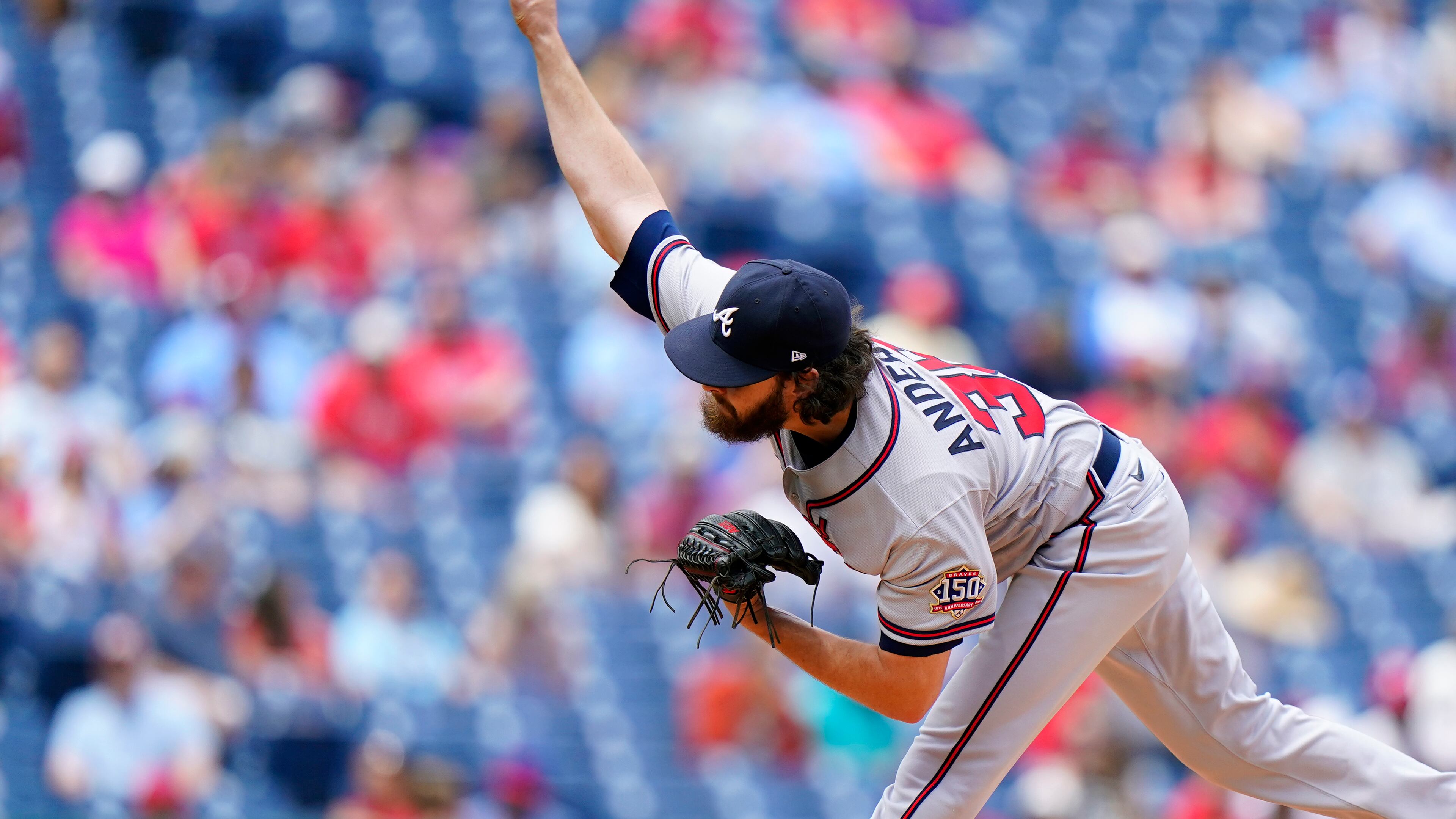 Atlanta Braves' Ian Anderson pitches during the first inning of a baseball game against the Philadelphia Phillies, Thursday, June 10, 2021, in Philadelphia. (AP Photo/Matt Slocum)