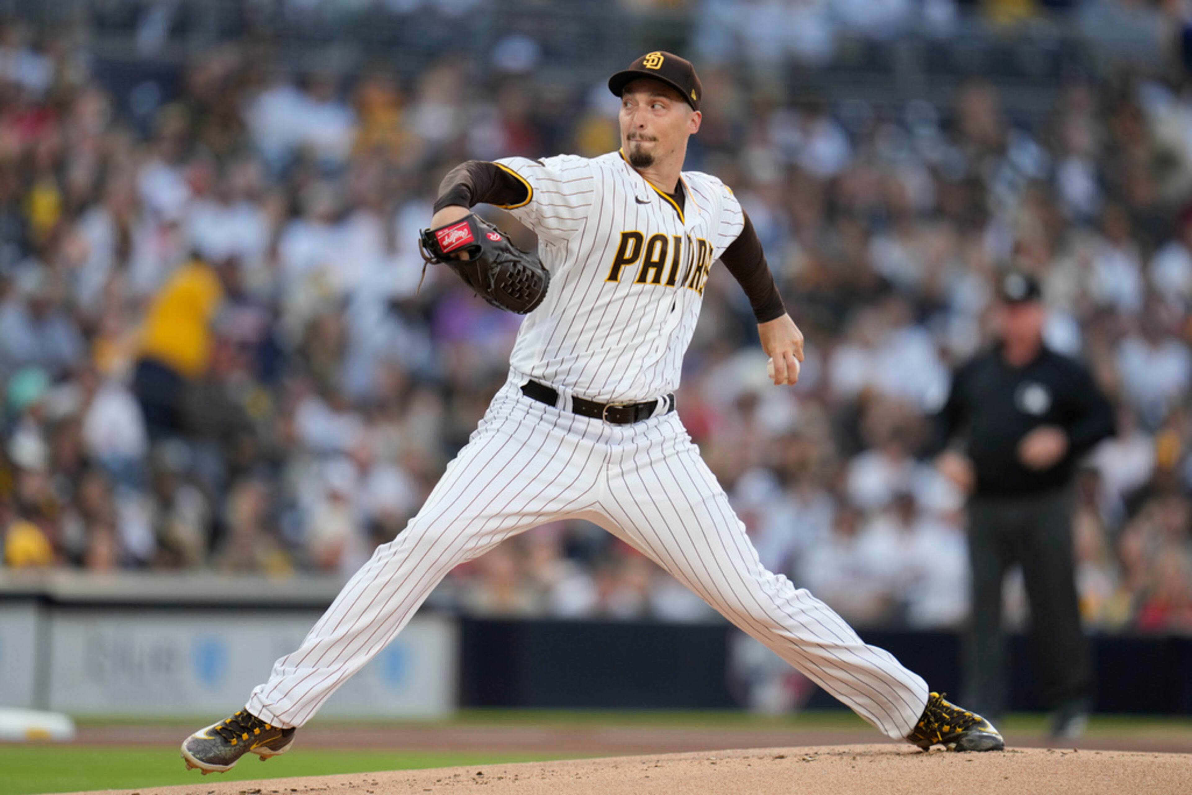 San Diego Padres starting pitcher Blake Snell works against an Atlanta Braves batter during the first inning of a baseball game Tuesday, April 18, 2023, in San Diego. (AP Photo/Gregory Bull)