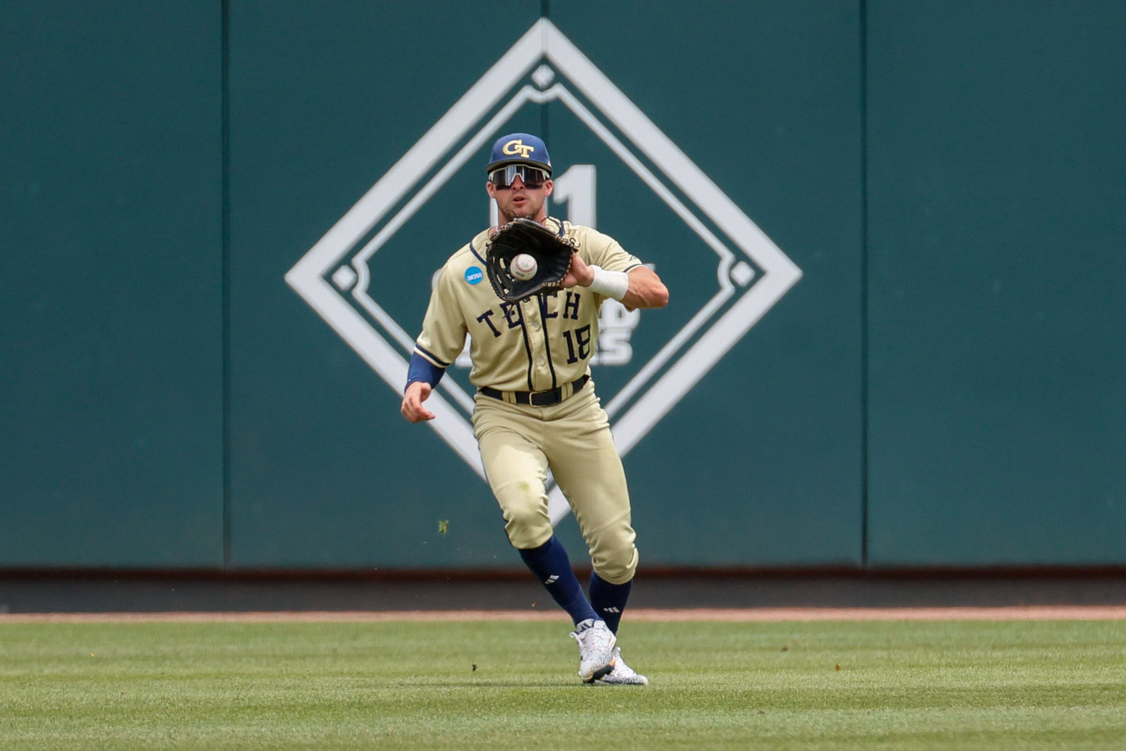 Georgia Tech left fielder Trey Yunger makes a catch in the sixth inning against UNC Wilmington during the NCAA Tournament Regional at Foley Field on Sunday, June 2, 2024, in Athens.
(Miguel Martinez / AJC)