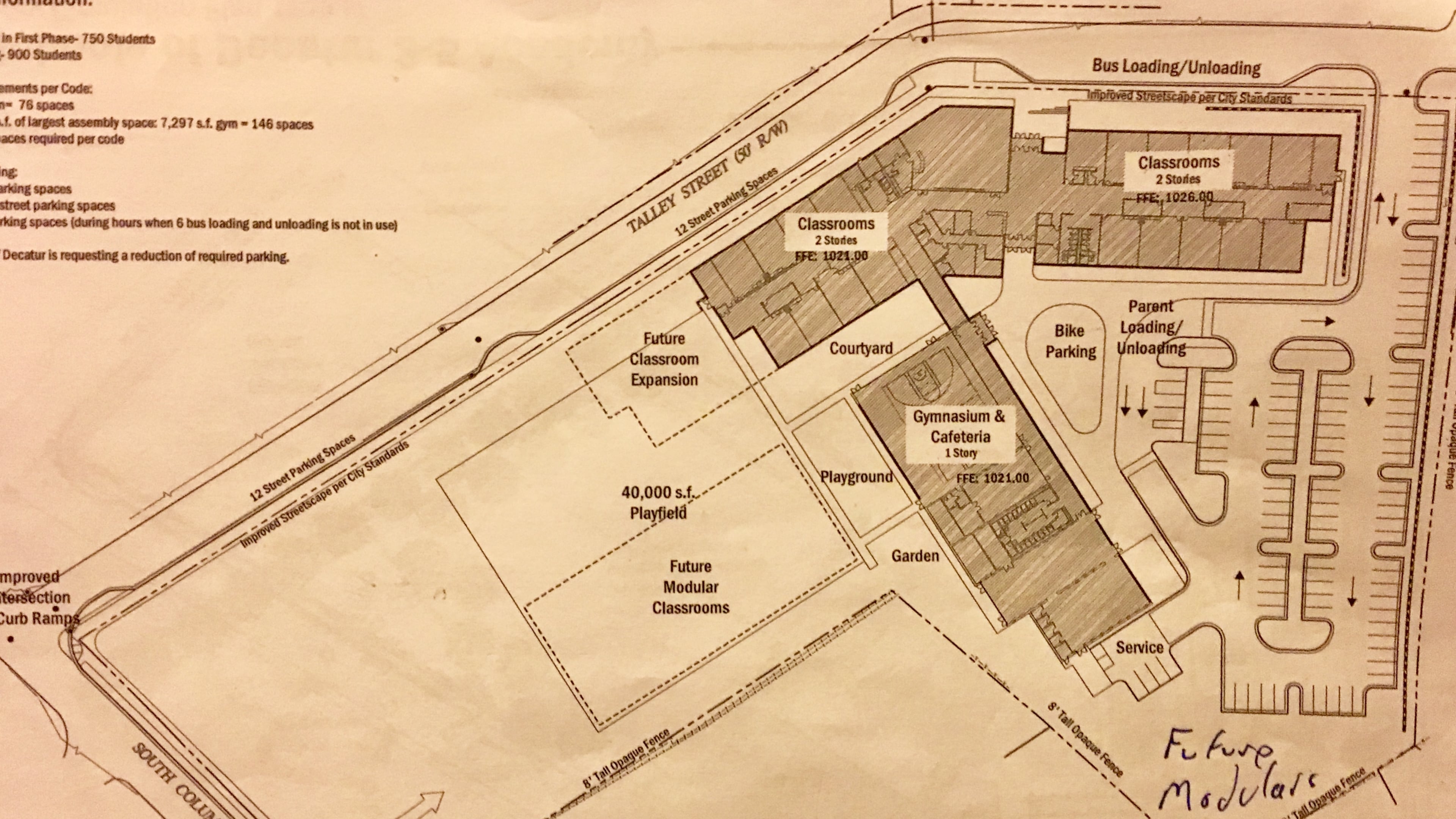 Site plan for the new 3-5 elementary school on Talley Street in east Decatur. Features include 55 acres of green space and only 99 parking spaces including 24 on-street spaces. Courtesy City Schools Decatur