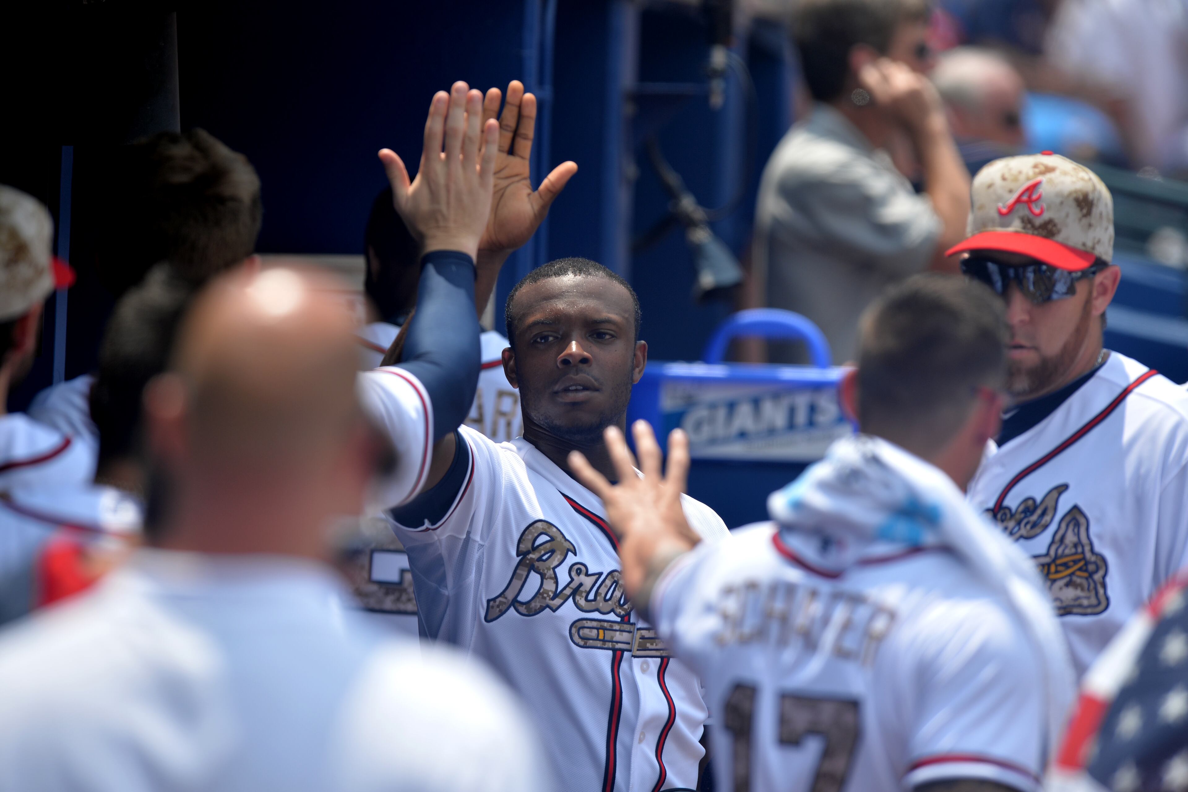 Atlanta Braves Justin Upton celebrates his two-run RBI double against the Boston Red Sox Monday May 26, 2014 at Turner Field BRANT SANDERLIN /BSANDERLIN@AJC.COM