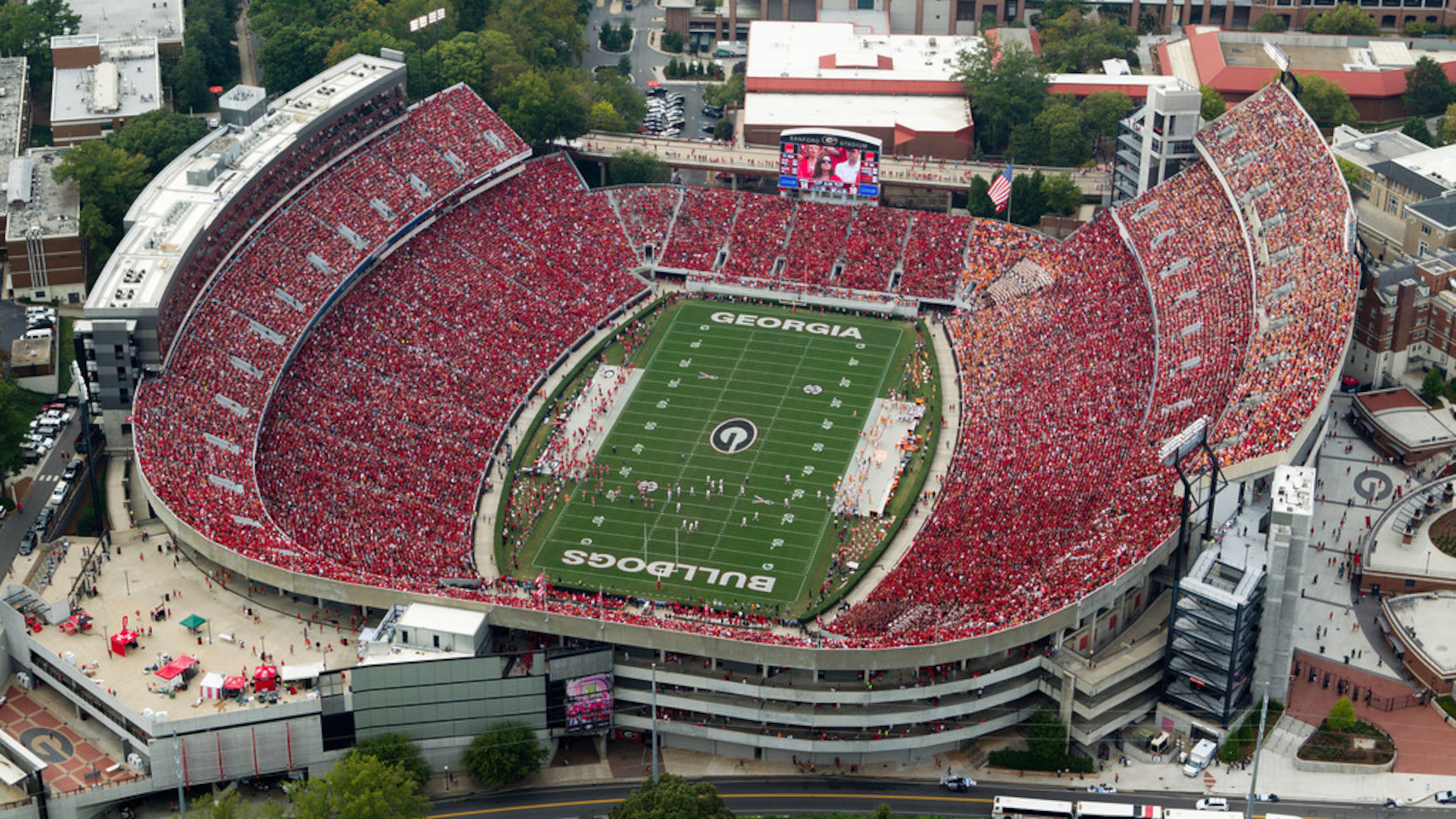 Built for $360,000, Sanford Stadium in Athens has seen six major expansions since it opened in 1929 - the last coming in 2003. Originally built to seat 30,0000, Sanford Stadium now seats nearly 93,000 - making it one of the largest stadiums on a university campus. Named after former university president Dr. Steadman V. Stanford, the stadium's two most recognizable features are its famous hedges surrounding the field and Uga, the Bulldogs' mascot.