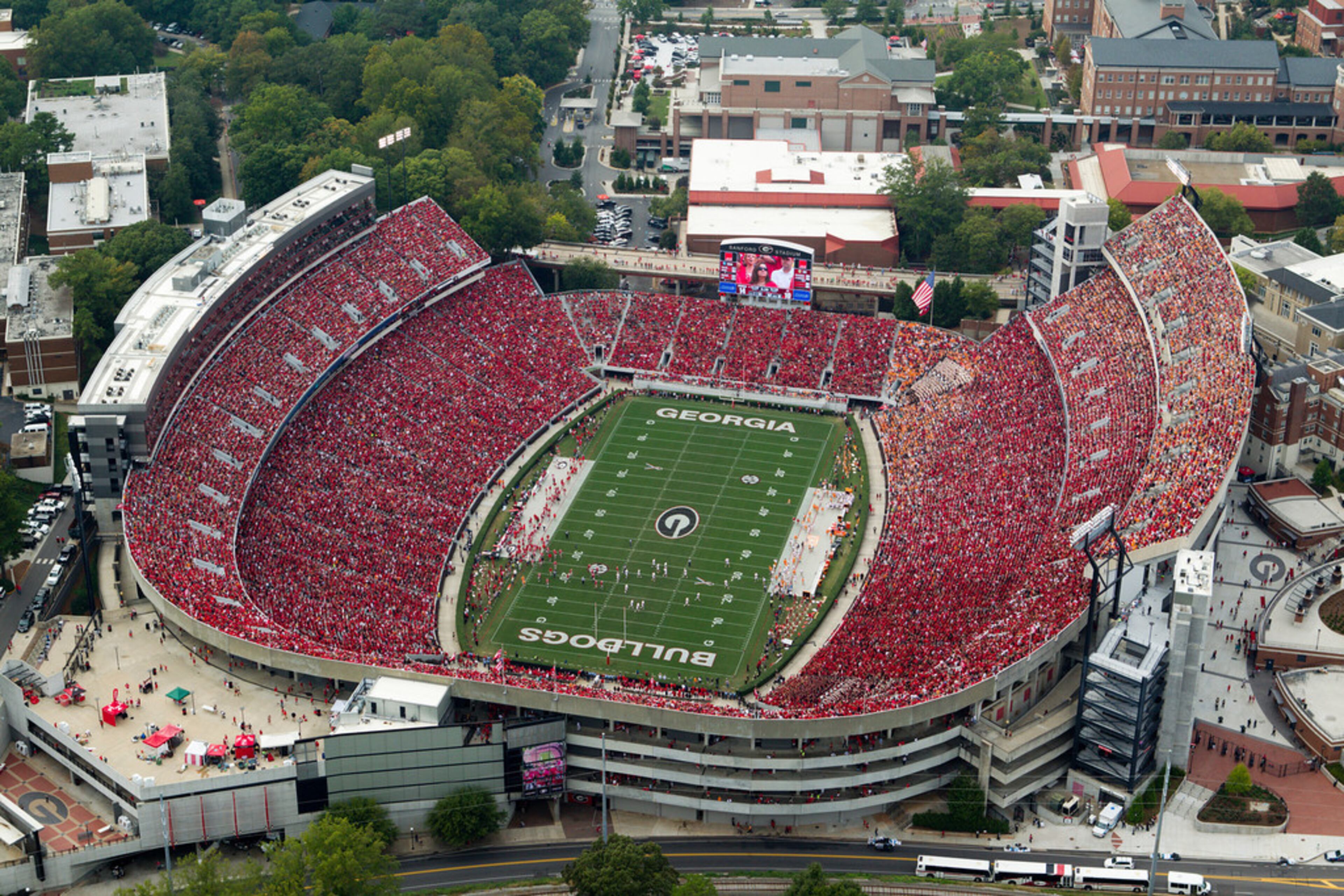 Built for $360,000, Sanford Stadium in Athens has seen six major expansions since it opened in 1929 - the last coming in 2003. Originally built to seat 30,0000, Sanford Stadium now seats nearly 93,000 - making it one of the largest stadiums on a university campus. Named after former university president Dr. Steadman V. Stanford, the stadium's two most recognizable features are its famous hedges surrounding the field and Uga, the Bulldogs' mascot.