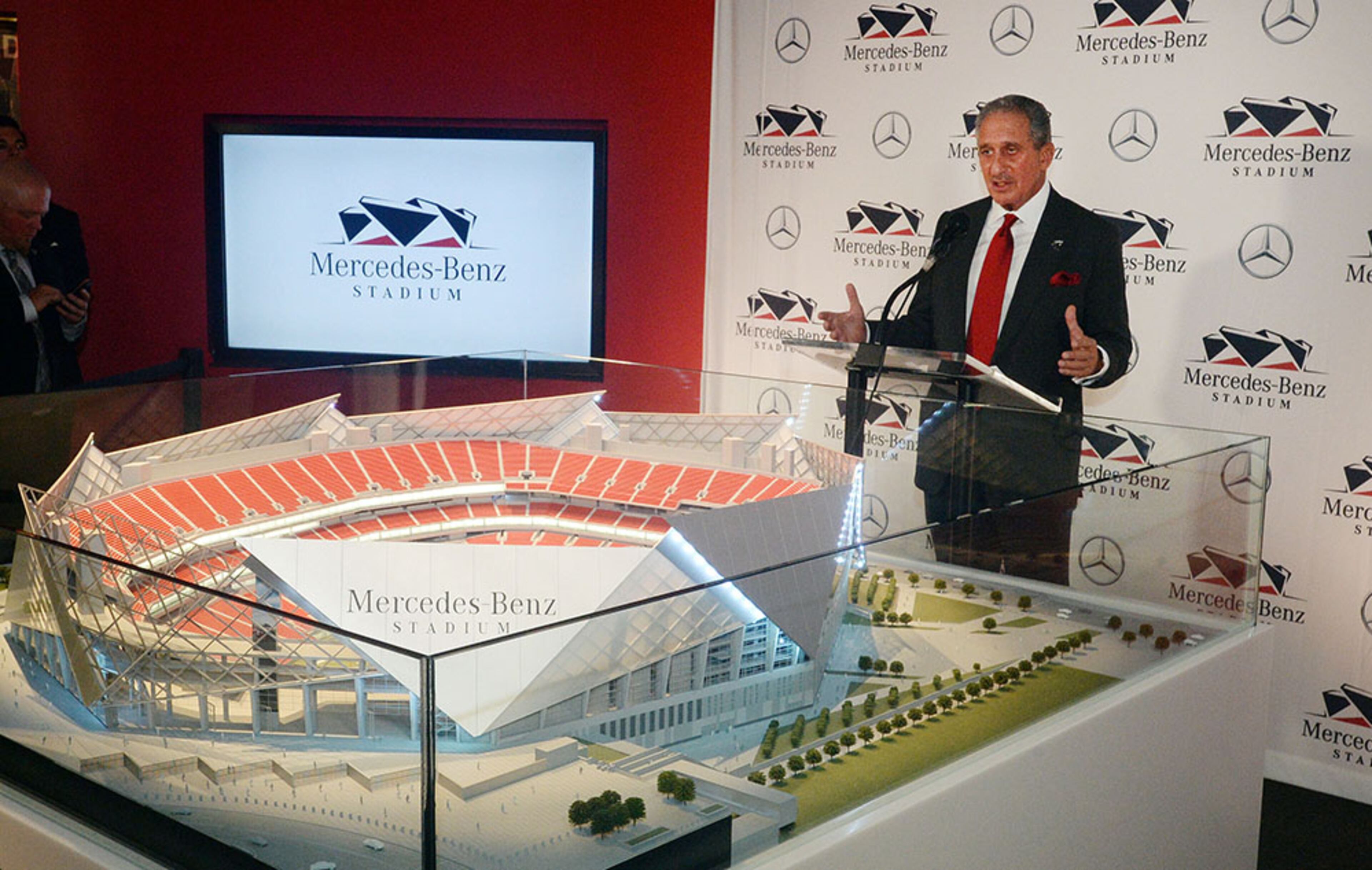 Atlanta Falcons owner Arthur Blank reveals the stadium name of the team's new stadium during a press conference Monday, Aug. 24, 2015, in Atlanta.