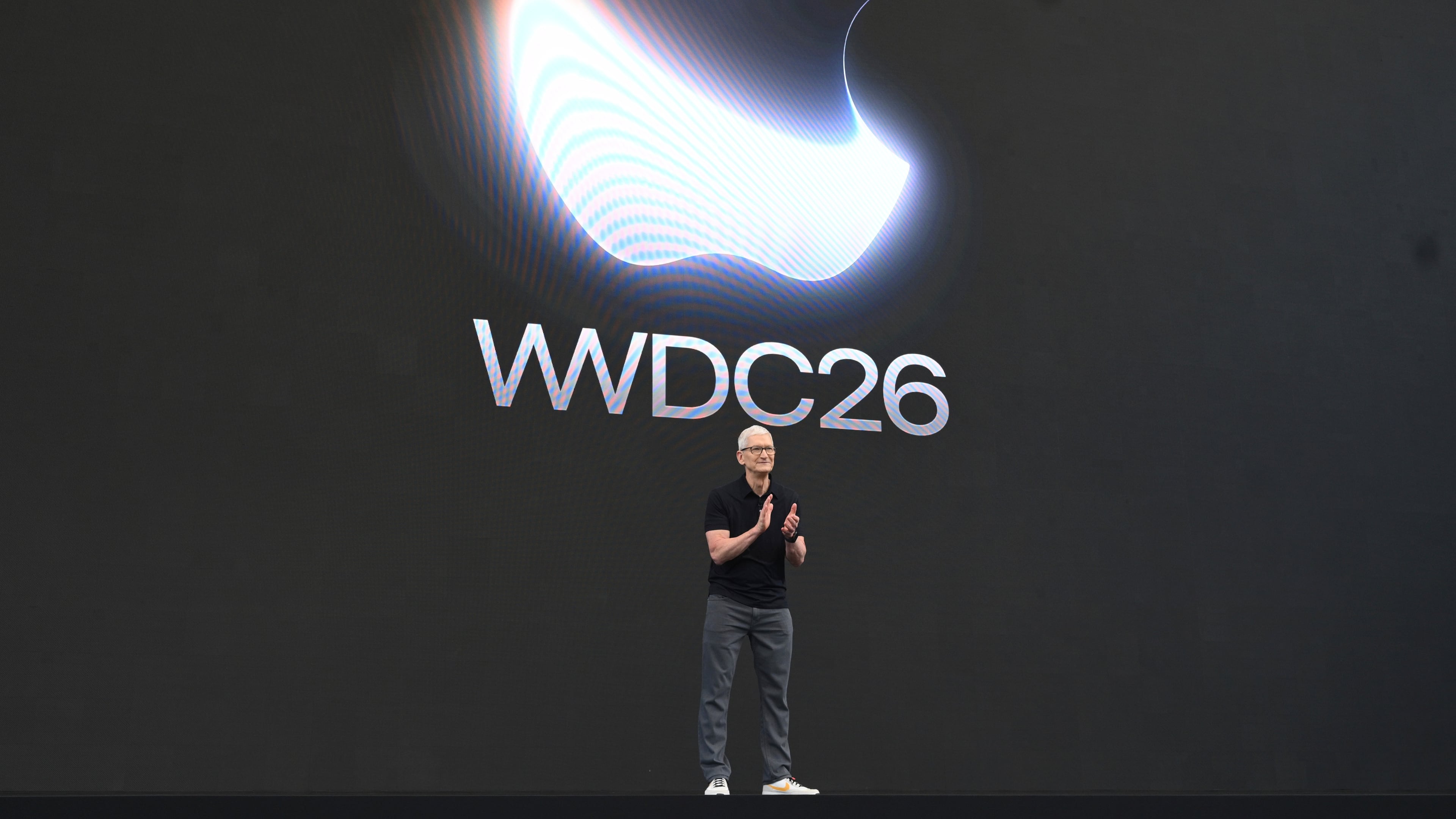 CEO Tim Cook stands on stage at the annual World Wide Developers Conference at Apple's headquarters in Cupertino, Calif., Monday, June 8, 2026. (AP Photo/Noah Berger)