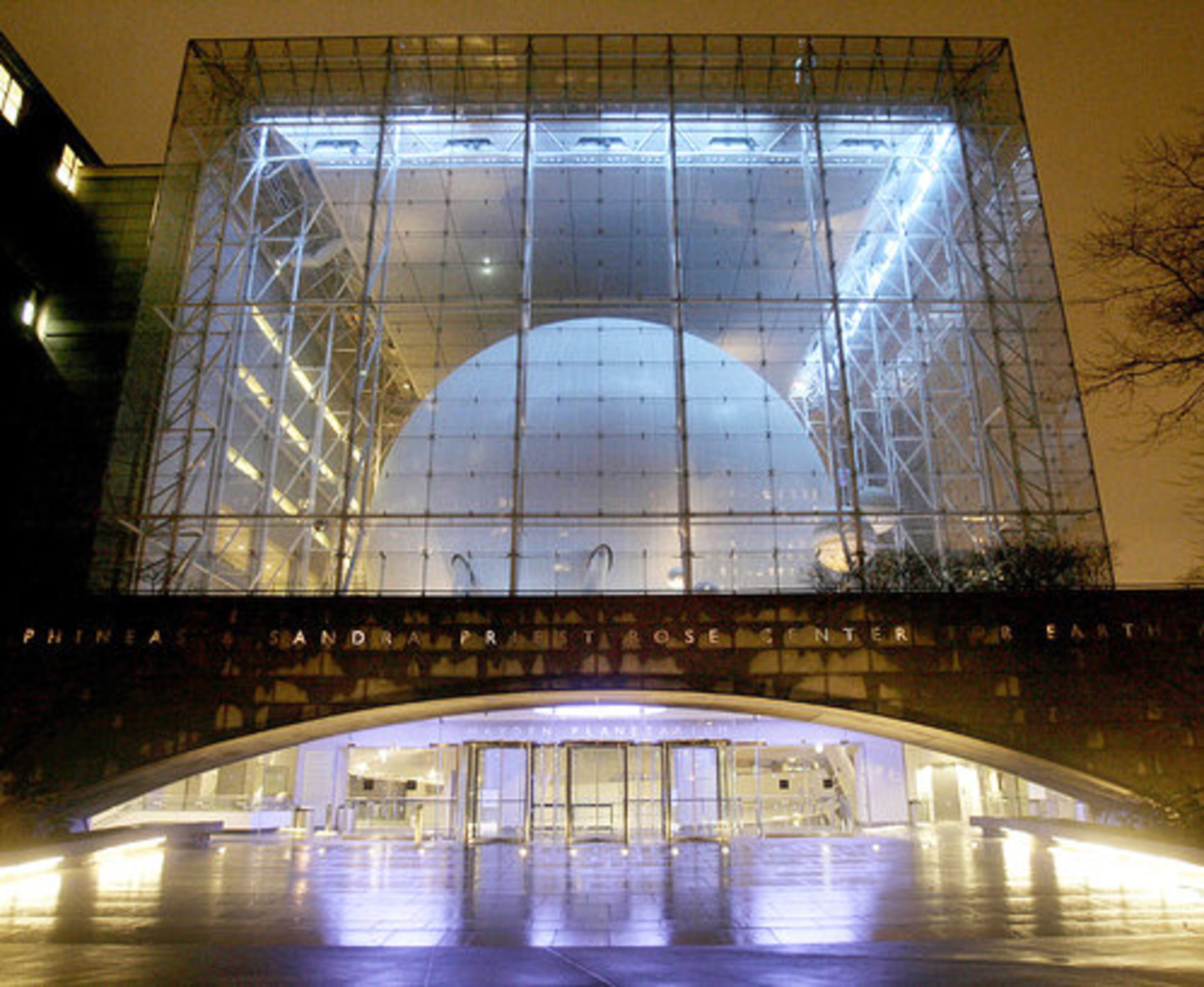 The illuminated 87-foot diameter sphere, which appears to be floating in a huge glass cube houses the Hayden Planetarium. It is part of the Rose Center for Earth and Space.