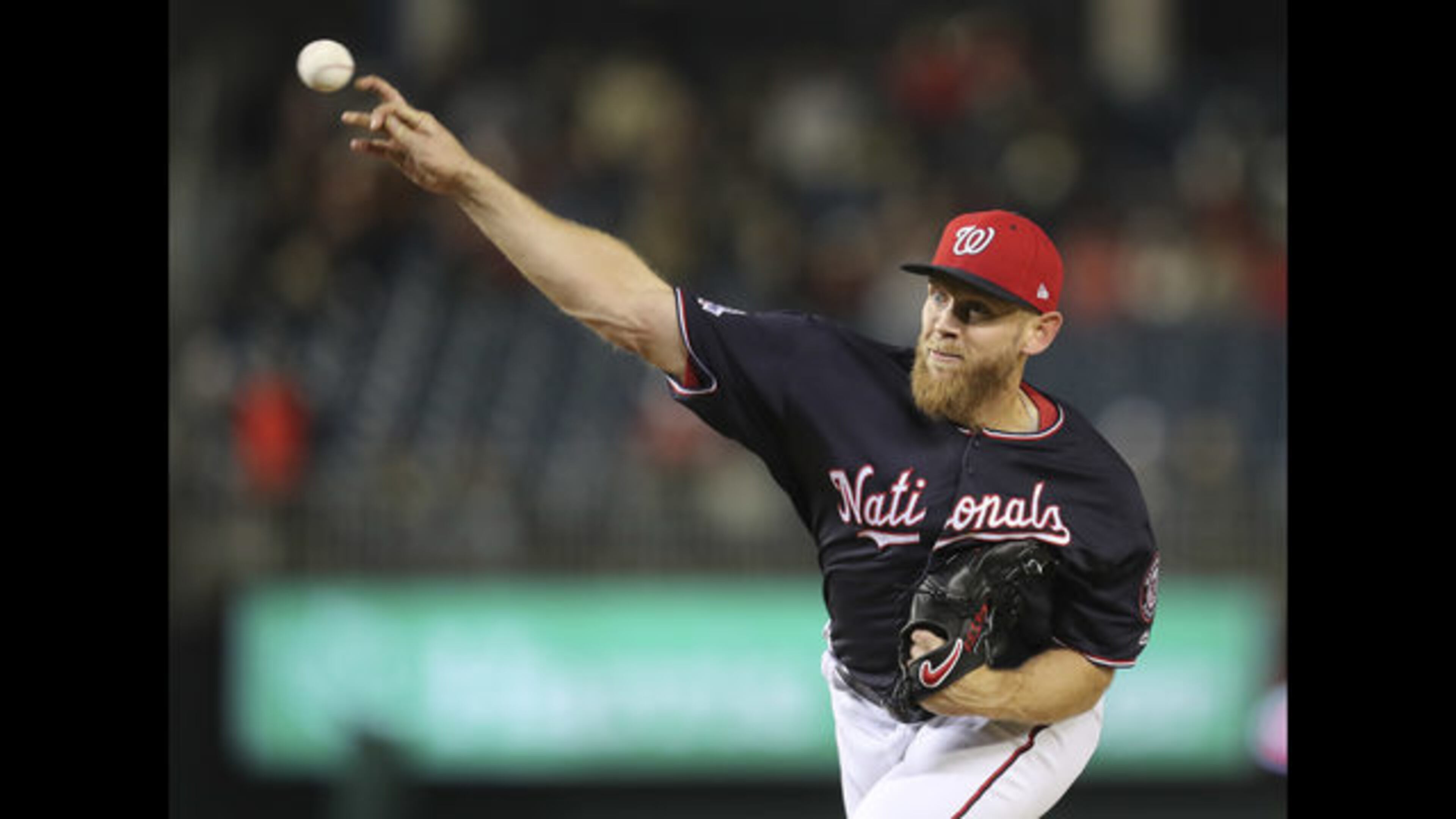 Nationals pitcher Stephen Strasburg fired eight scoreless innings against the Braves Tuesday night in a 4-1 Washington win at Nationals Park. (AP photo)