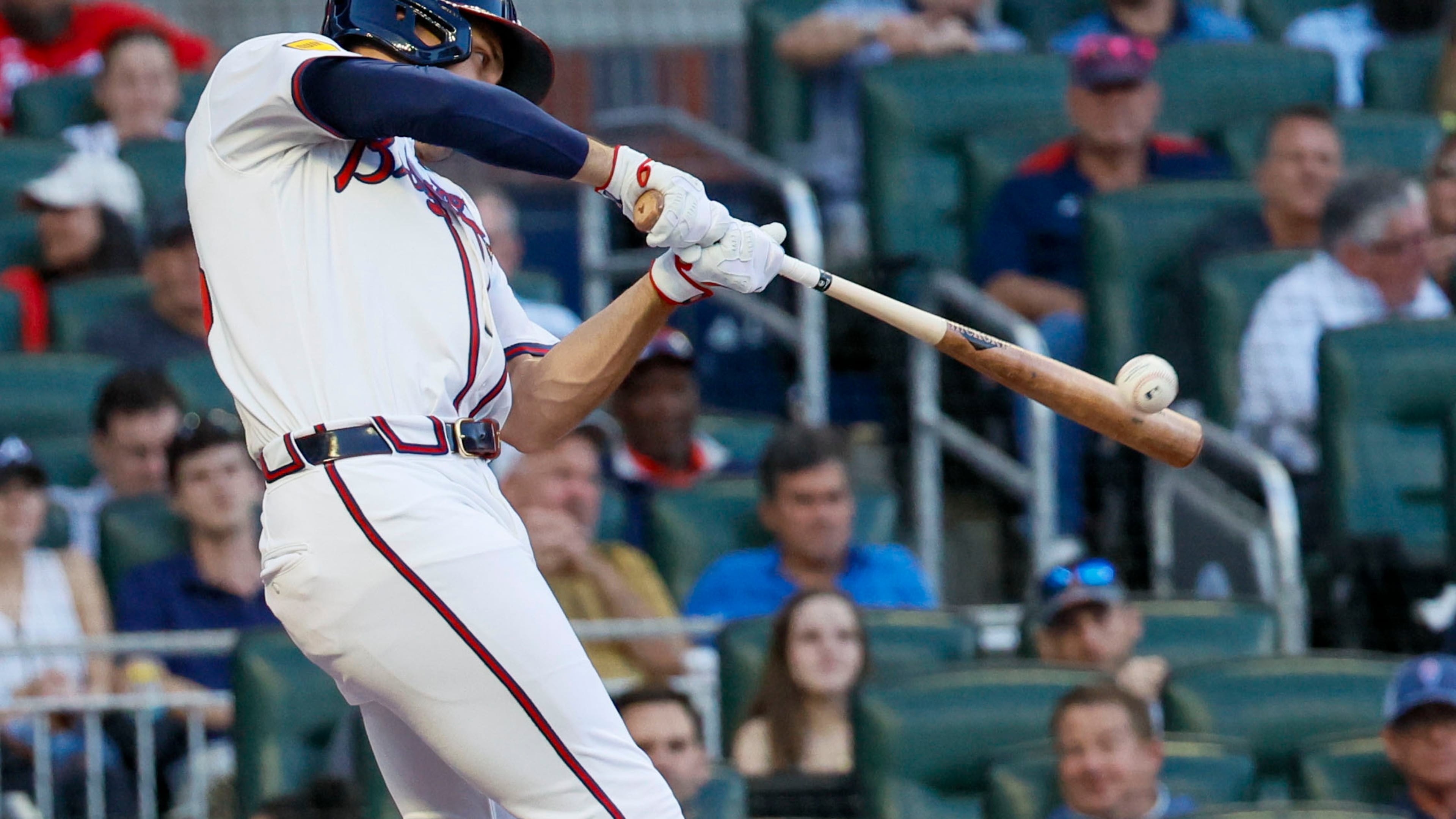 Atlanta Braves first base Matt Olson (28) hits a single during the third inning against the Washington Nationals on Monday, May 12, 2025, in Atlanta.
(Miguel Martinez/ AJC)