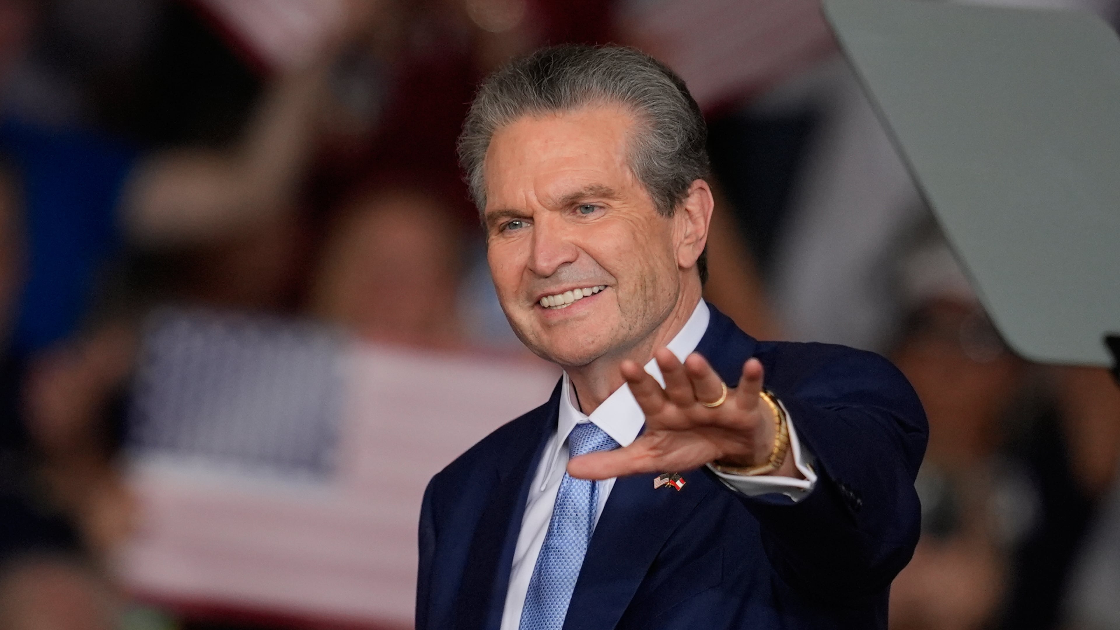 Georgia gubernatorial candidate Rick Jackson speaks before President Donald Trump arrives at a campaign rally at Dalton Municipal Airport, Friday, Oct. 16, 2026, in Dalton Ga. (AP Photo/Mike Stewart)
