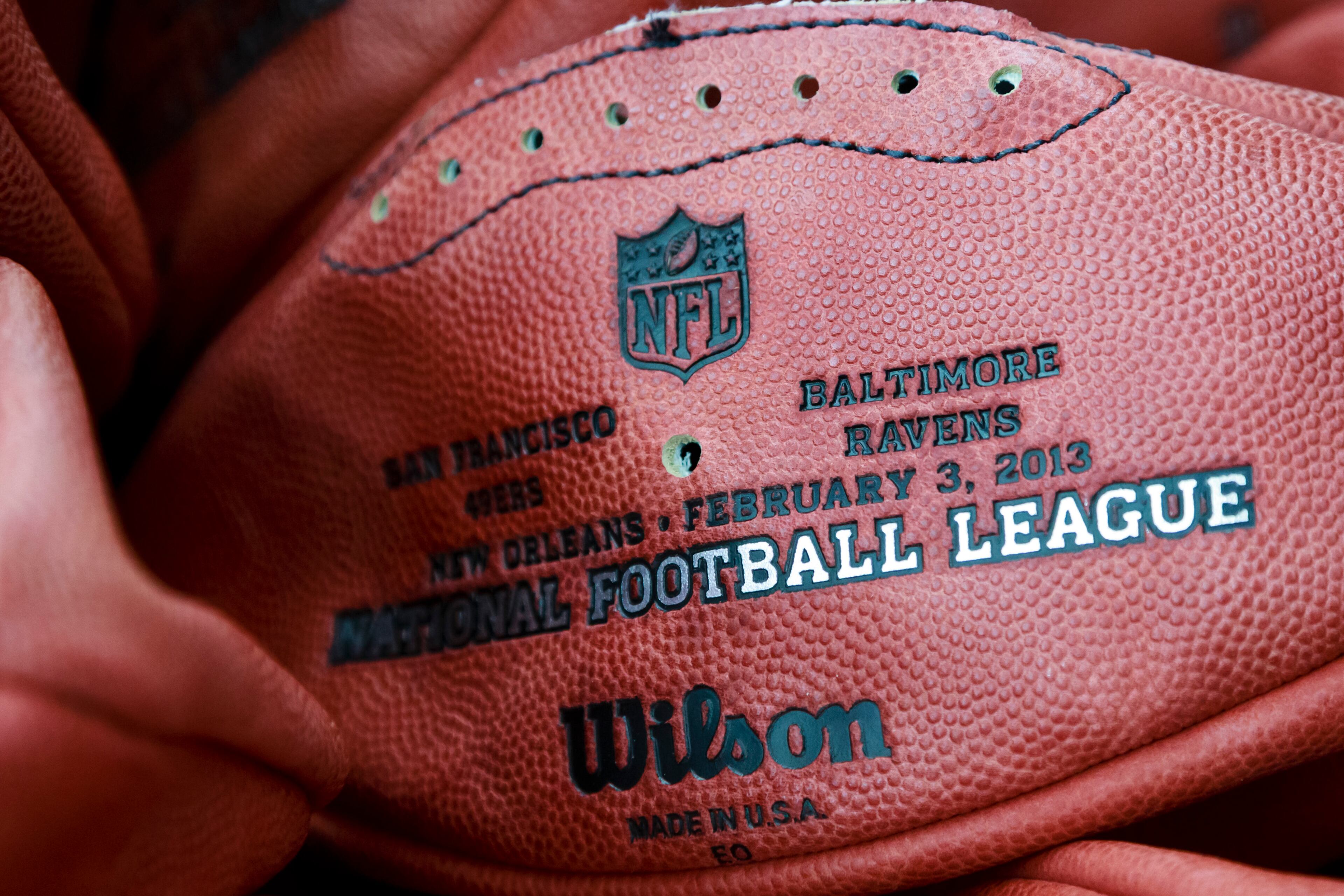 Official game balls for the NFL football Super Bowl XLVII wait to be laced at Wilson Sporting Goods Co. in Ada, Ohio, Monday, Jan. 21, 2013. The San Francisco Forty Niners will play the Baltimore Ravens in the Super Bowl on Feb. 3 in New Orleans. (AP Photo/Rick Osentoski)