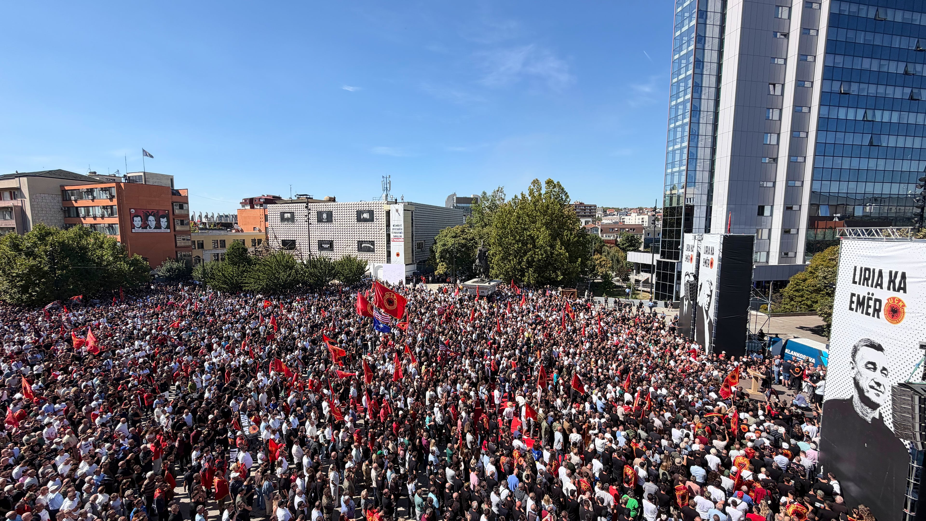 People gather in Pristina, Kosovo, Friday, Sept. 18, 2026, to protest against the verdicts for former Kosovo President Hashim Thaci and three other former Kosovo Liberation Army leaders, Kadri Veseli, Rexhep Selimi and Jakup Krasniqi, handed by a Netherlands-based court that tried them for alleged war crimes during the 1998-1999 war for independence from Serbia. (AP Photo/Zana Cimili)