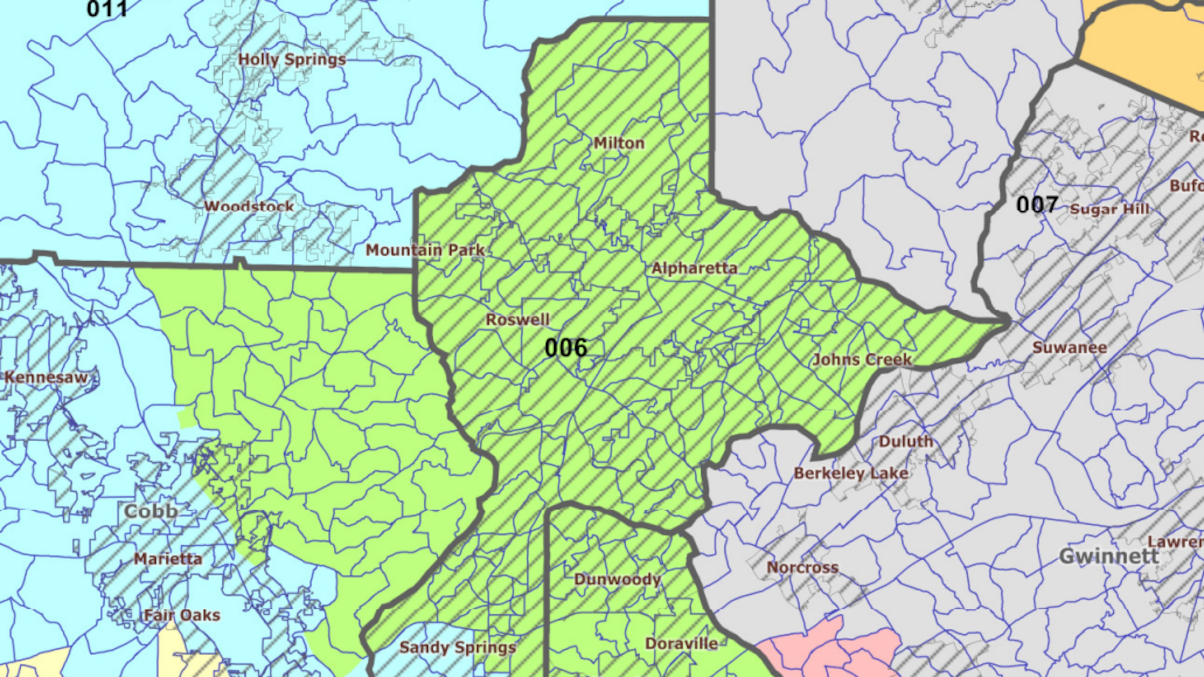 Georgia's 6th Congressional District (shown in green) covers east Cobb County, north Fulton County and North DeKalb County. But the boundaries of all 14 of Georgia's congressional districts may change during redistricting or reapportionment in time for the 2022 elections. (Georgia Legislative and Reapportionment Office Map)