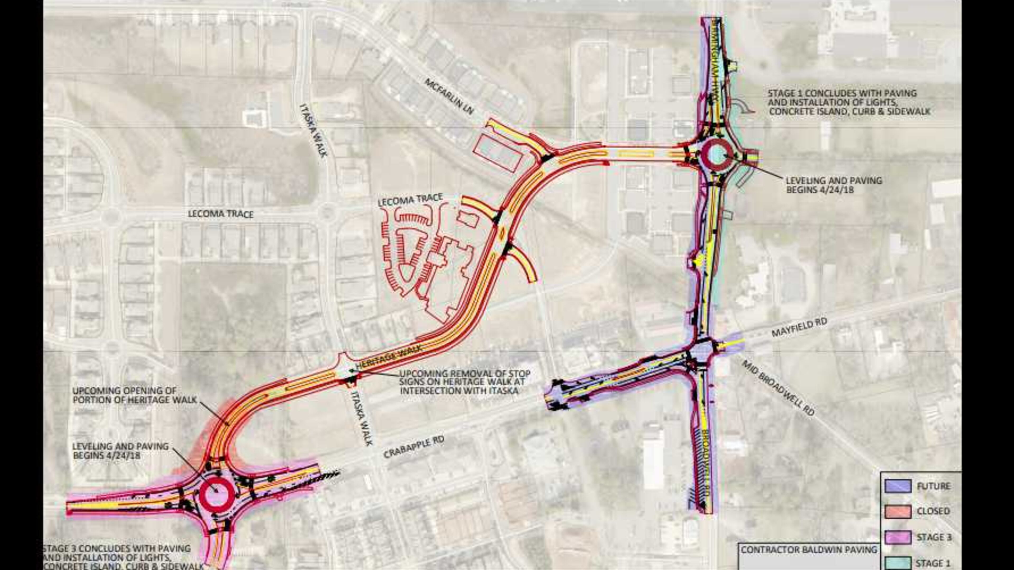 There will be paving and construction at two roundabouts along Heritage Walk in Milton this week.
