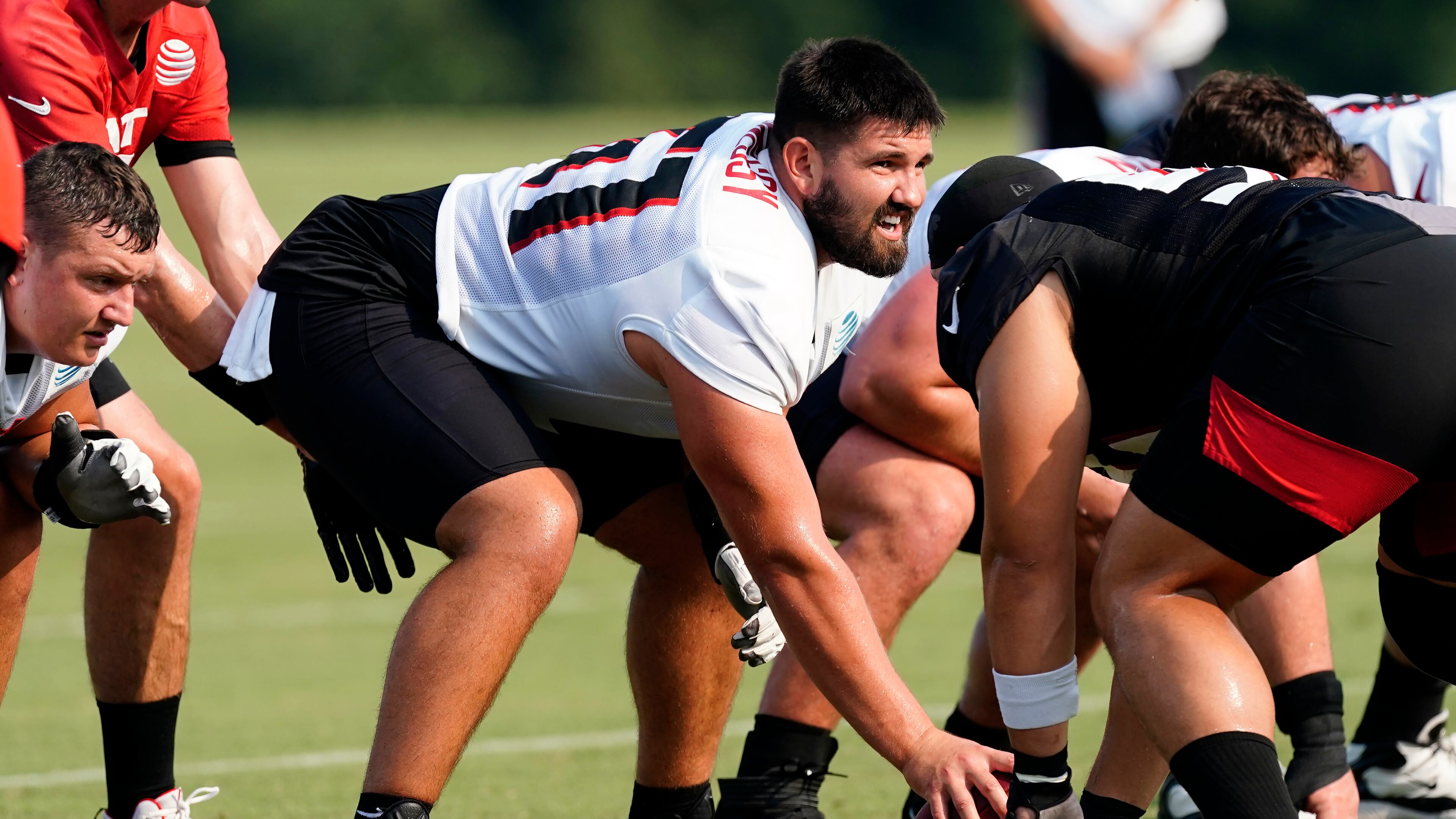 Atlanta Falcons center Matt Hennessy (61) is shown during their NFL training camp football practice Saturday, July 31, 2021, in Flowery Branch. (John Bazemore/AP)