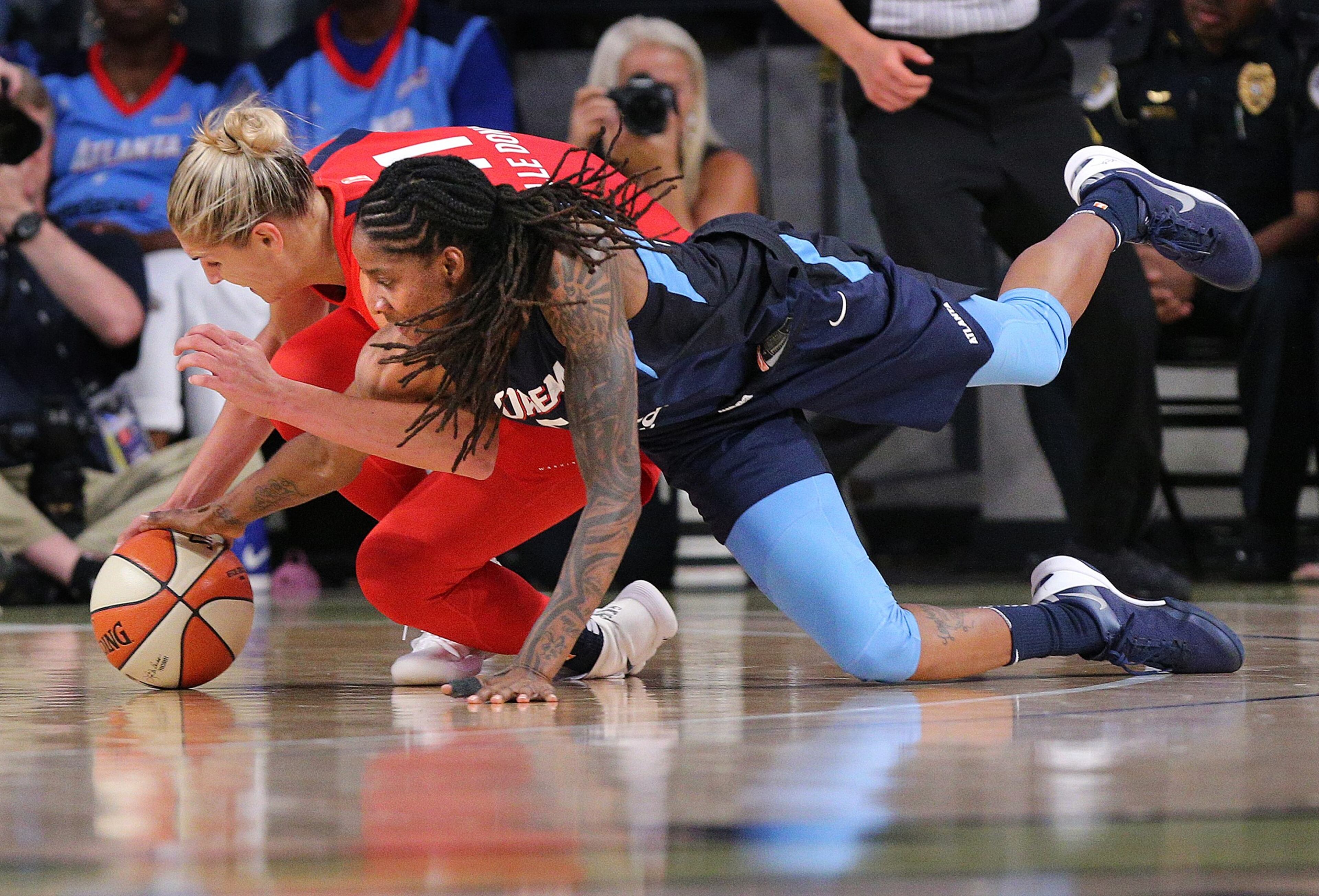 August 26, 2018 Atlanta: Atlanta Dream forward Jessica Breland turns it over to Washington Mystics forward Elena Delle Donne during the second half in a WNBA semifinal playoff game on Sunday, August 26, 2018, in Atlanta. The Mystics beat the Dream 87-84. Curtis Compton/ccompton@ajc.com