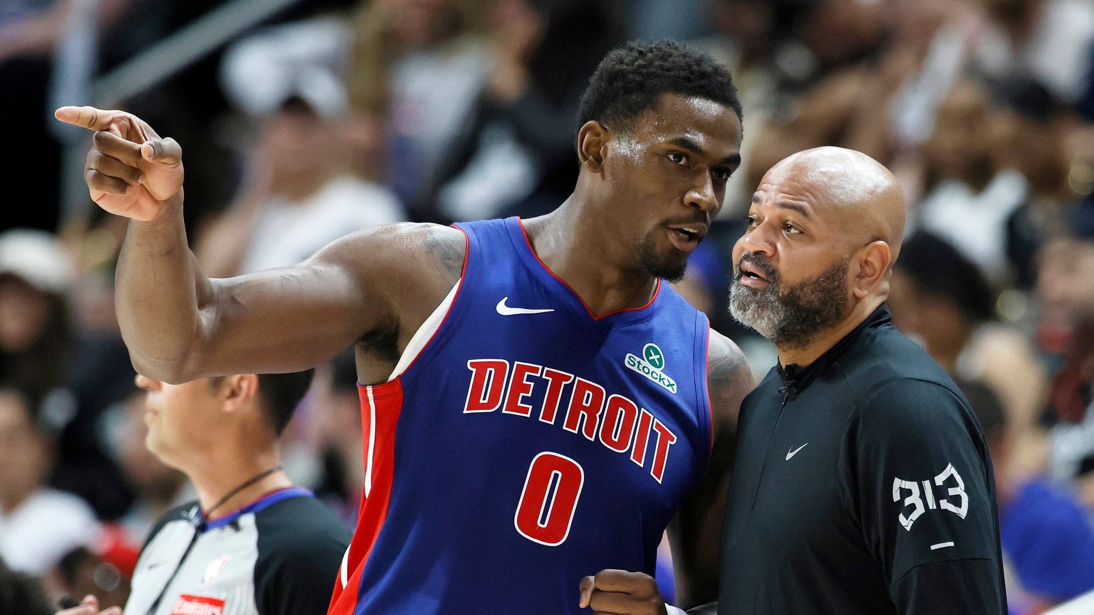 FILE - Detroit Pistons center Jalen Duren (0) talks with head coach J.B. Bickerstaff during the first half in Game 7 of a second-round NBA playoffs basketball series May 17, 2026, in Detroit. (AP Photo/Duane Burleson, File)