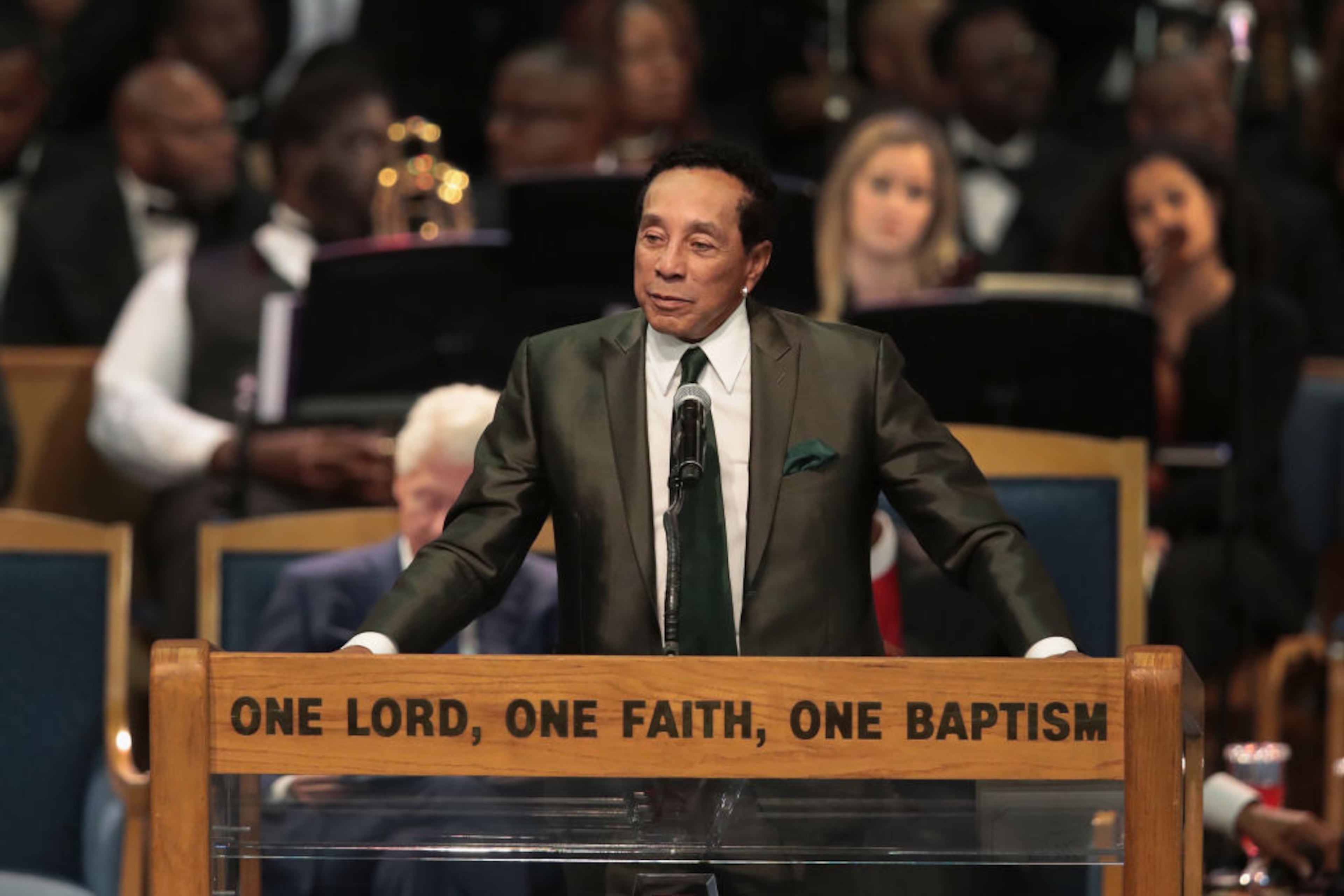 DETROIT, MI - AUGUST 31: Singer Smokey Robinson speaks at the funeral for Aretha Franklin at the Greater Grace Temple on August 31, 2018 in Detroit, Michigan. Franklin died at the age of 76 at her home in Detroit on August 16. (Photo by Scott Olson/Getty Images)