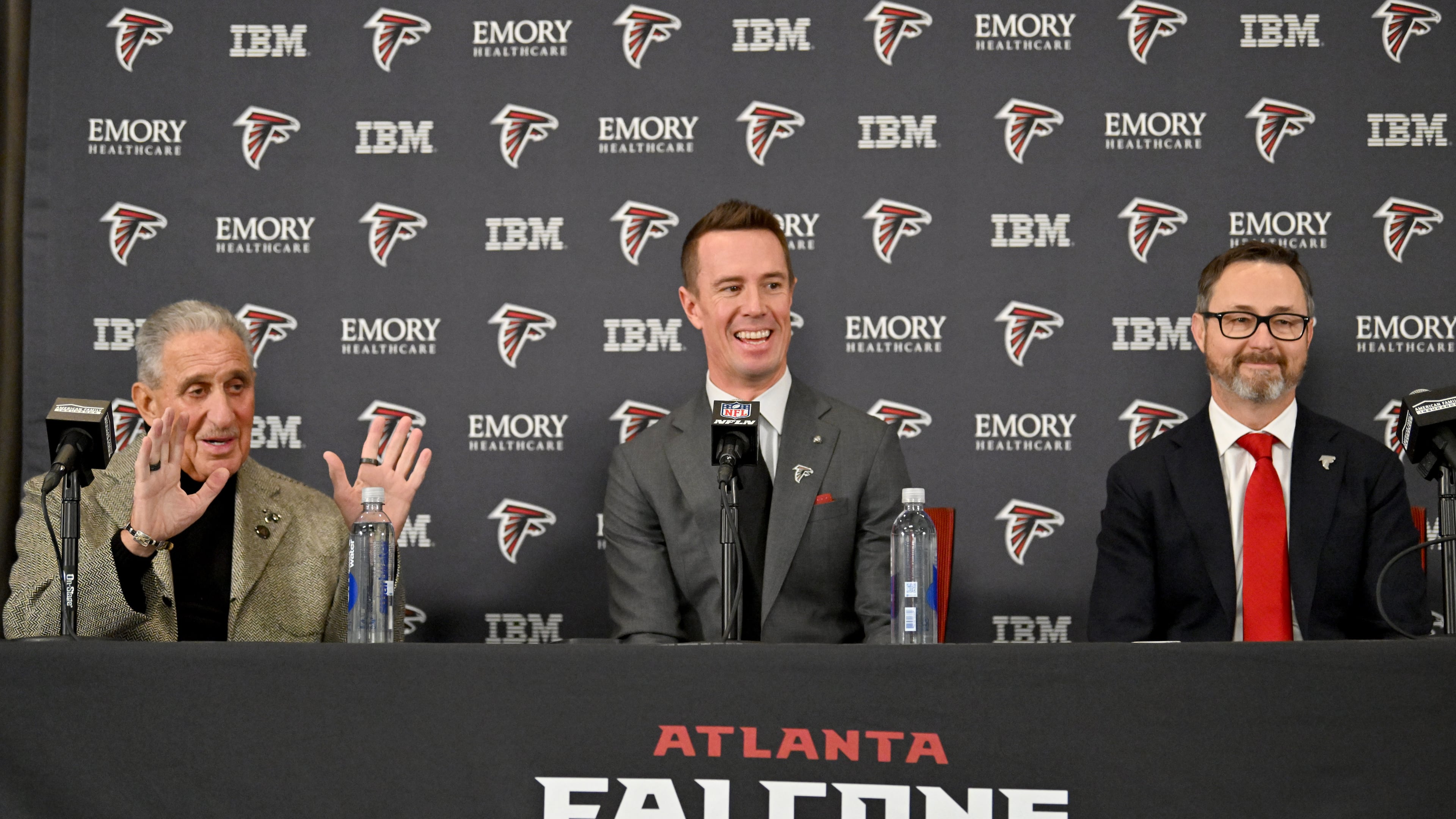 Falcons owner Arthur Blank (from left), president of football Matt Ryan and CEO Greg Beadles attend a news conference on Tuesday, Jan. 13, 2026, in Flowery Branch. The organization is currently interviewing for its next general manager. (Hyosub Shin/AJC)