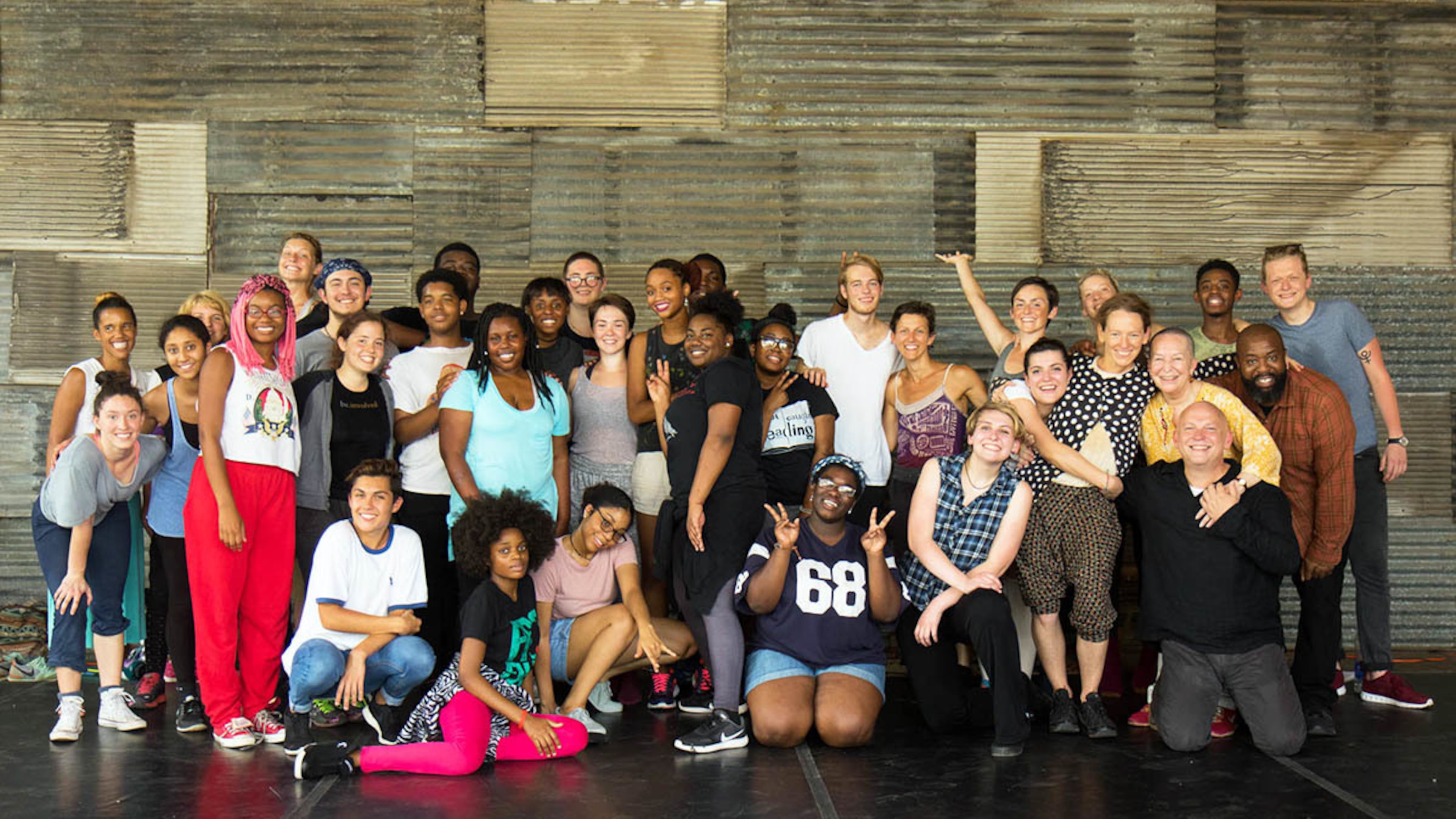 The students of the Alliance Theatre's Palefsky Collision Project, with playwright Pearl Cleage, director Patrick McColery, choreographer Lauri Stallings, and her dance company, Glo.