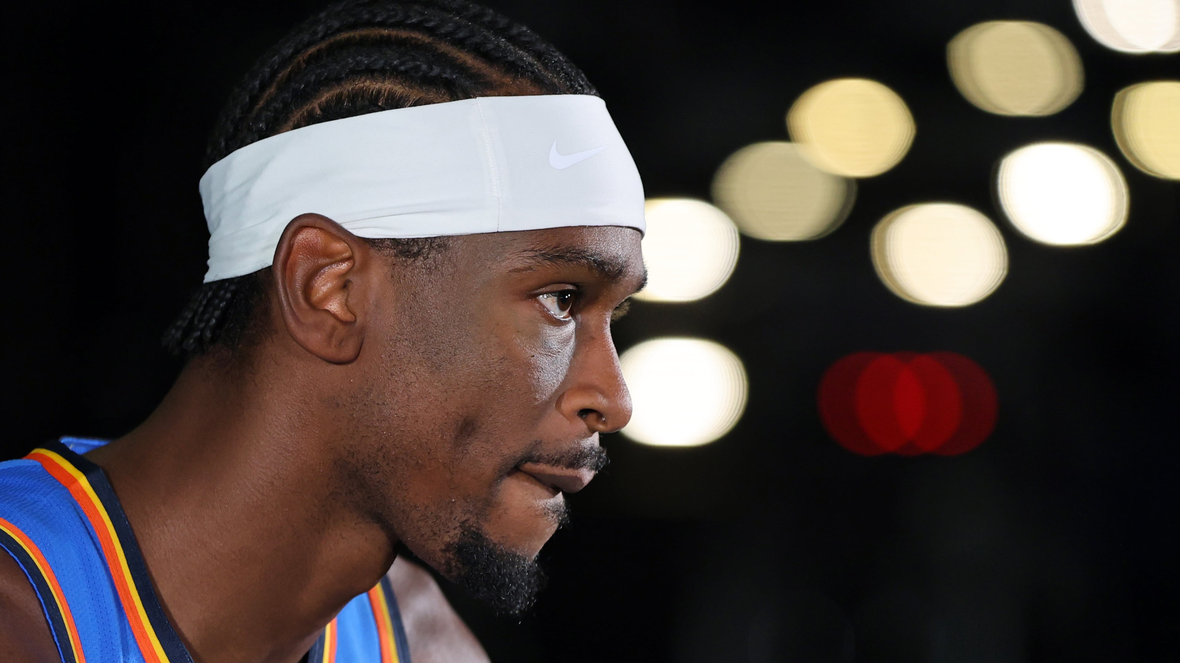 Oklahoma City Thunder's Shai Gilgeous-Alexander listens while giving an interview during the NBA basketball team's media day Monday, Sept. 28, 2026, in Oklahoma City. (AP Photo/Nate Billings)