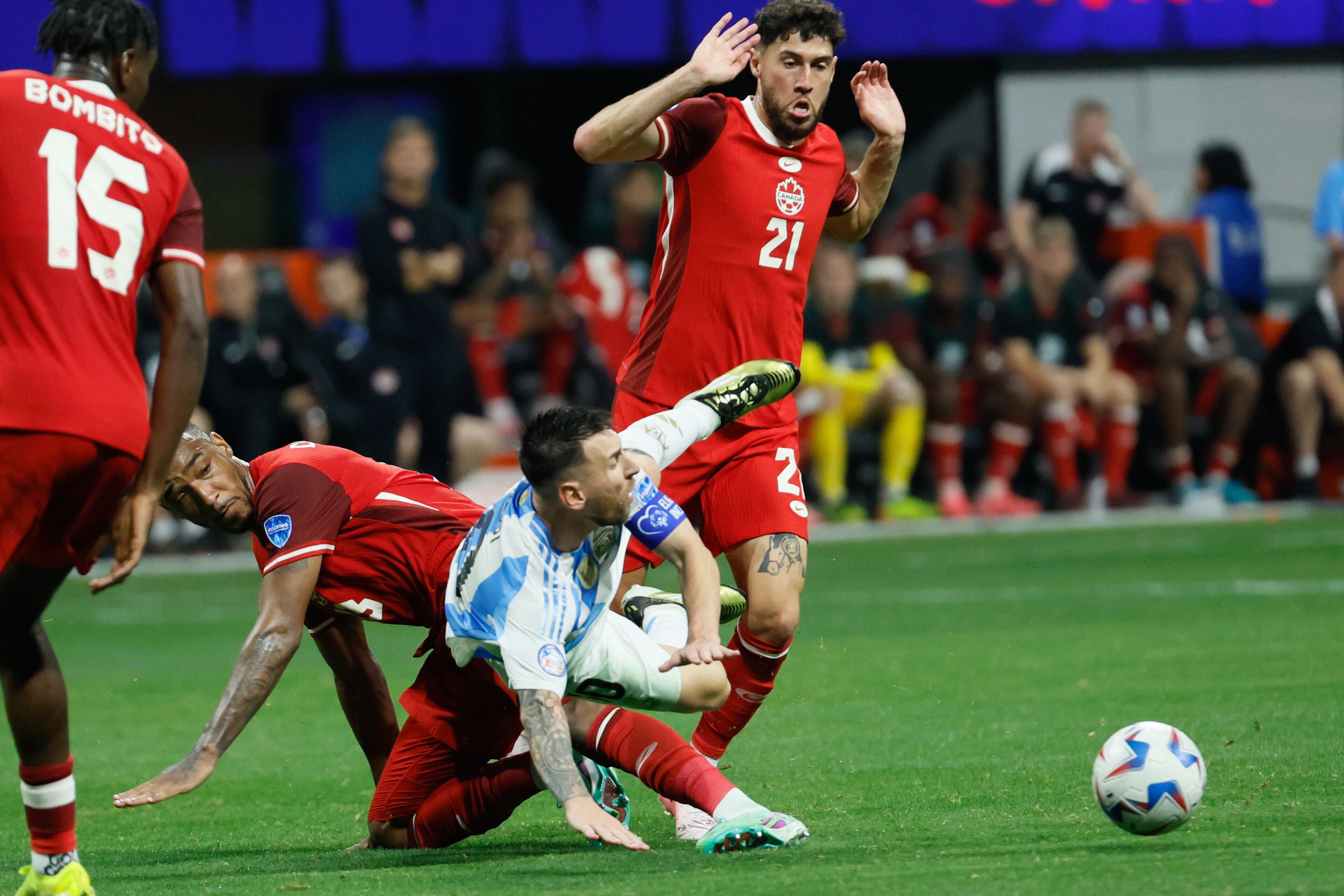 Argentina’s forward Lionel Messi (10) was fouled by Canadian defenders in the second half of the Copa America match at Mercedes-Benz Stadium on Thursday, June 20, 2024.
(Miguel Martinez / AJC)