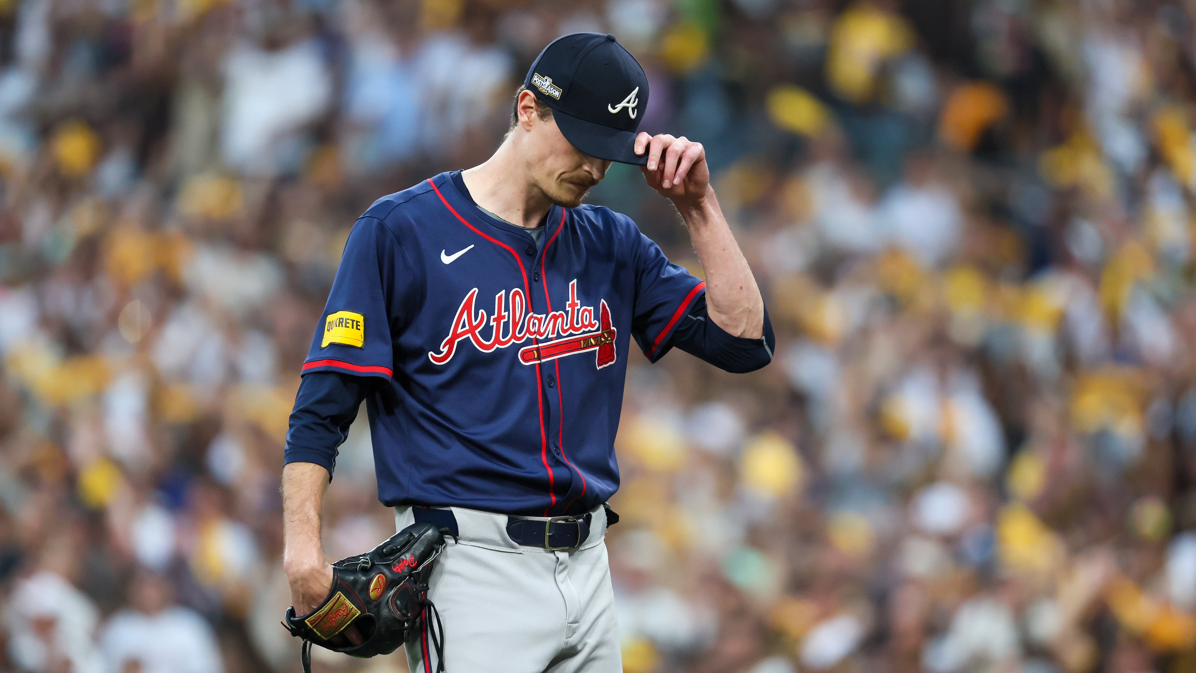 Atlanta Braves pitcher Max Fried centers himself after giving up five runs to the San Diego Padres during the second inning of National League Division Series Wild Card Game Two at Petco Park in San Diego on Wednesday, Oct. 2, 2024. (Jason Getz / Jason.Getz@ajc.com)