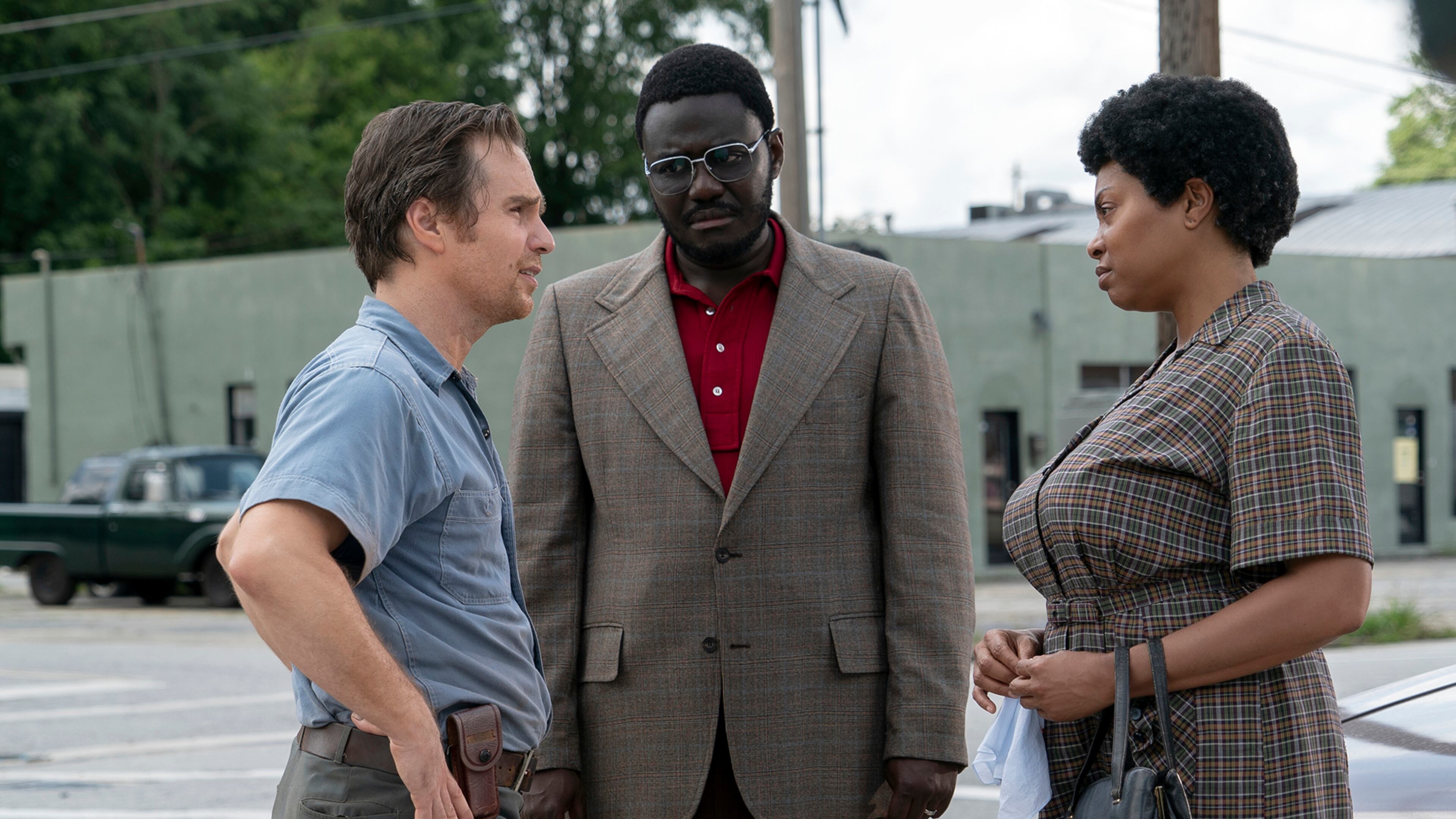 Sam Rockwell (from left), Babou Ceesay and Taraji P. Henson star in “The Best of Enemies.” Annette Brown, STX Films