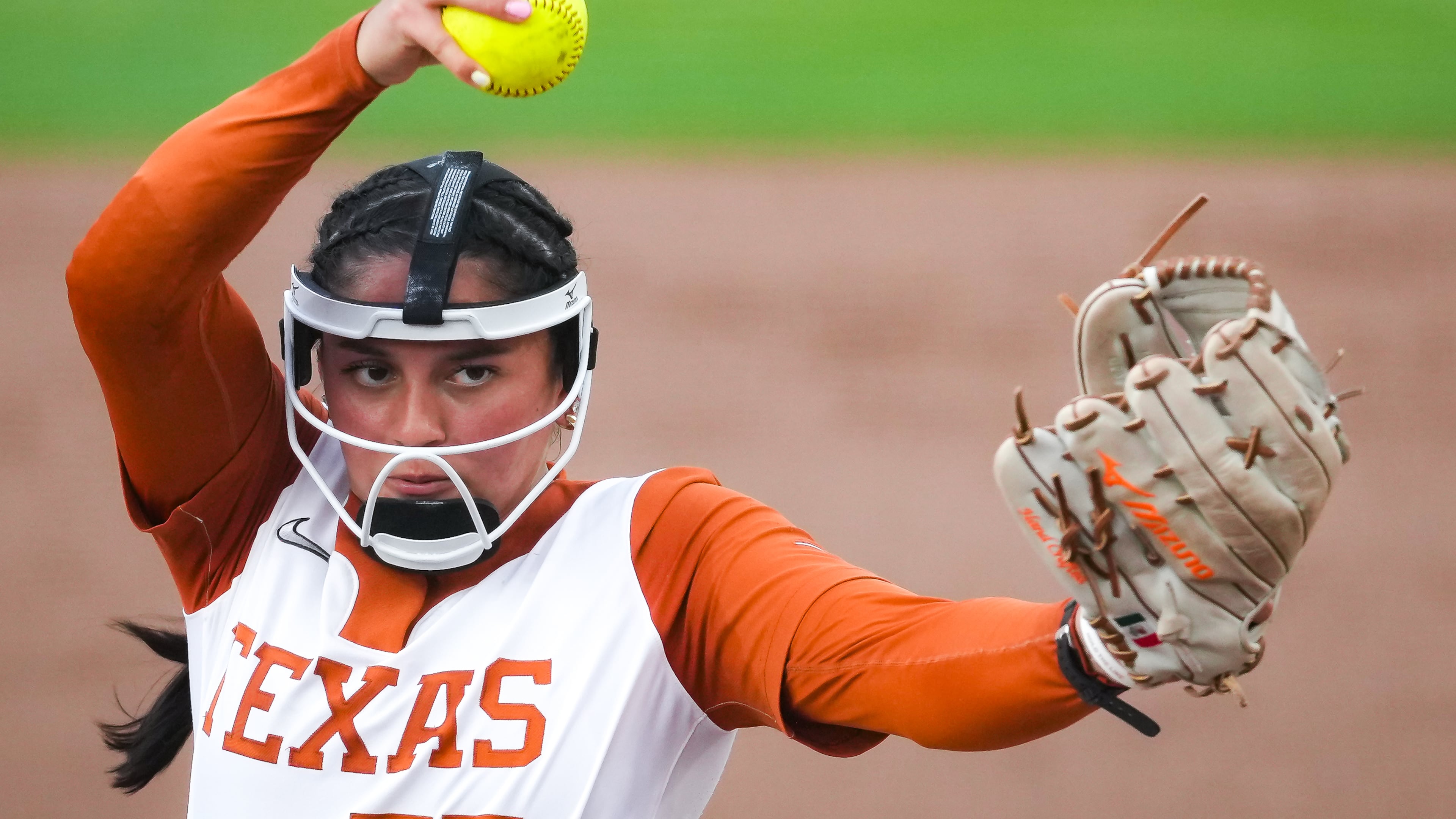 Texas Longhorns starting pitcher Citlaly Gutierrez (77) pitches in the second inning of an NCAA softball game against the Oklahoma State Cowgirls in Austin, Texas Wednesday, April 22, 2026. (Sara Diggins/Austin American-Statesman via AP)