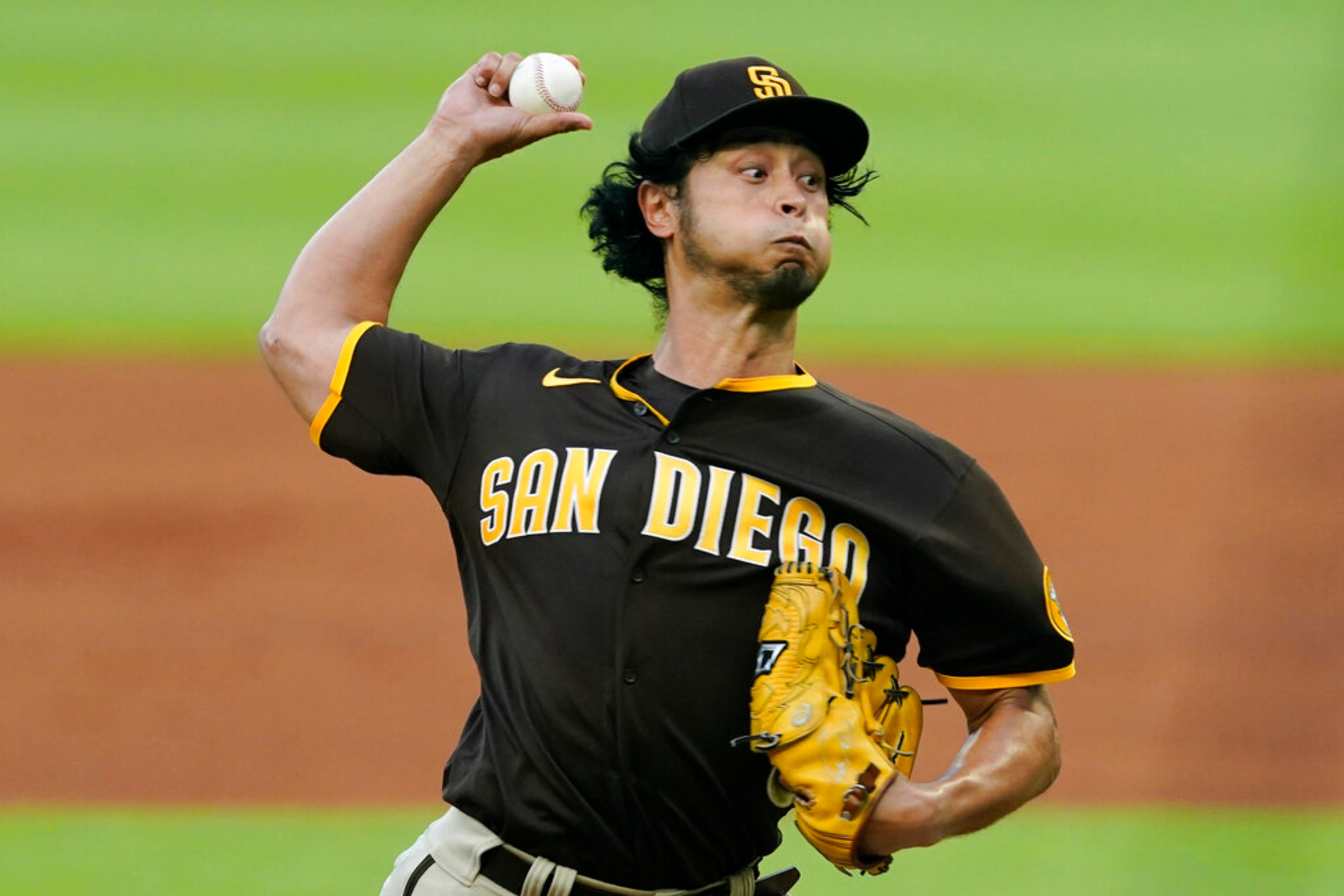 San Diego Padres starting pitcher Yu Darvish works in the first inning of a baseball game against the Atlanta Braves, Friday, May 13, 2022, in Atlanta. (AP Photo/John Bazemore)