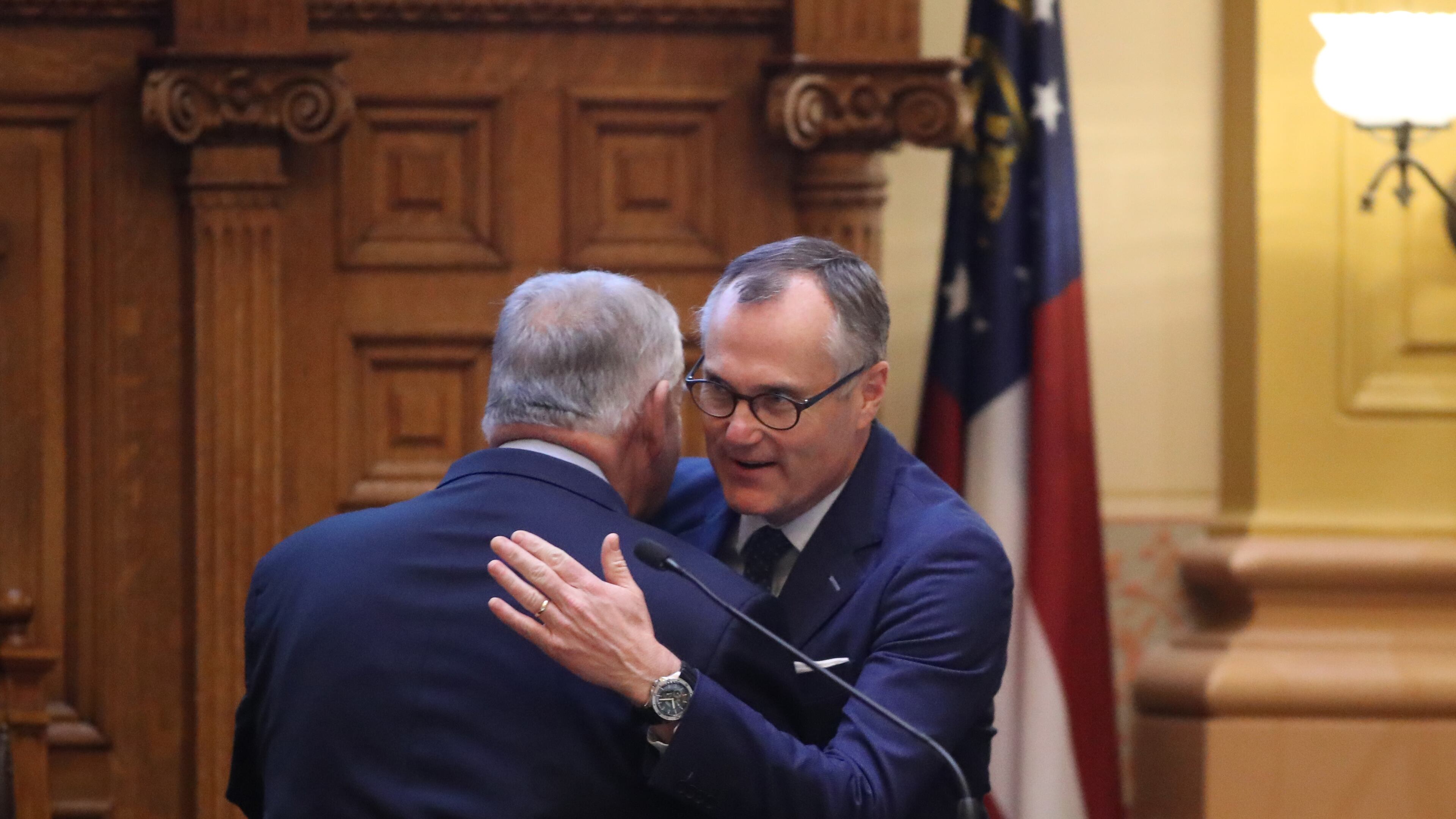 House Speaker David Ralston and Lt. Gov. Casey Cagle embrace on Sine Die. PHOTO / JASON GETZ