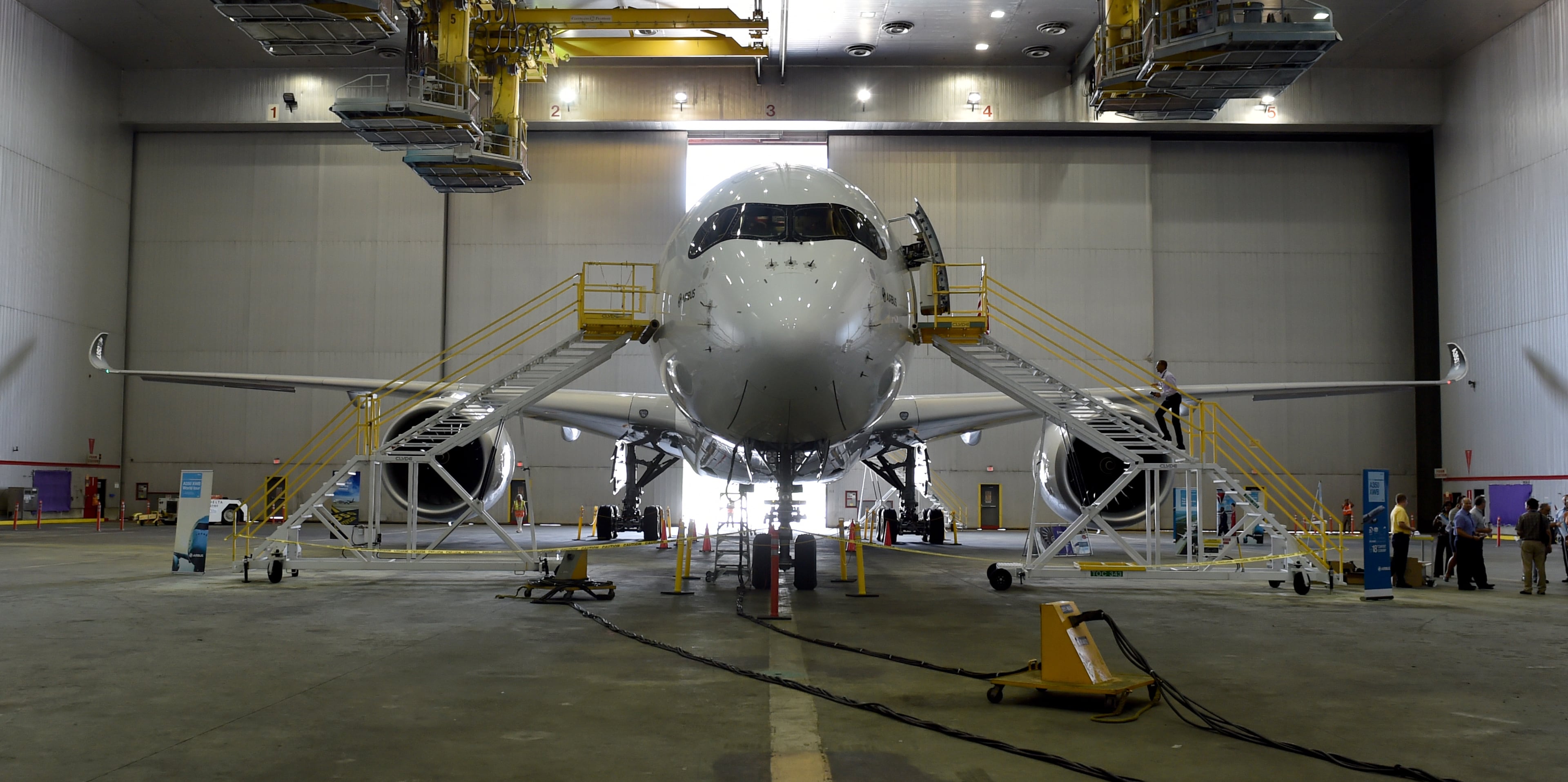 JAirbus brought their newest plane, the A350 XWB, to Atlanta on Tuesday July 14, 2015. The arrival marked the beginning of a five-city tour of the world’s newest commercial aircraft. The A305 XWB, which features advances in efficiency and passenger comfort, will become part of Delta's fleet in 2017. BRANT SANDERLIN/BSANDERLIN@AJC.COM