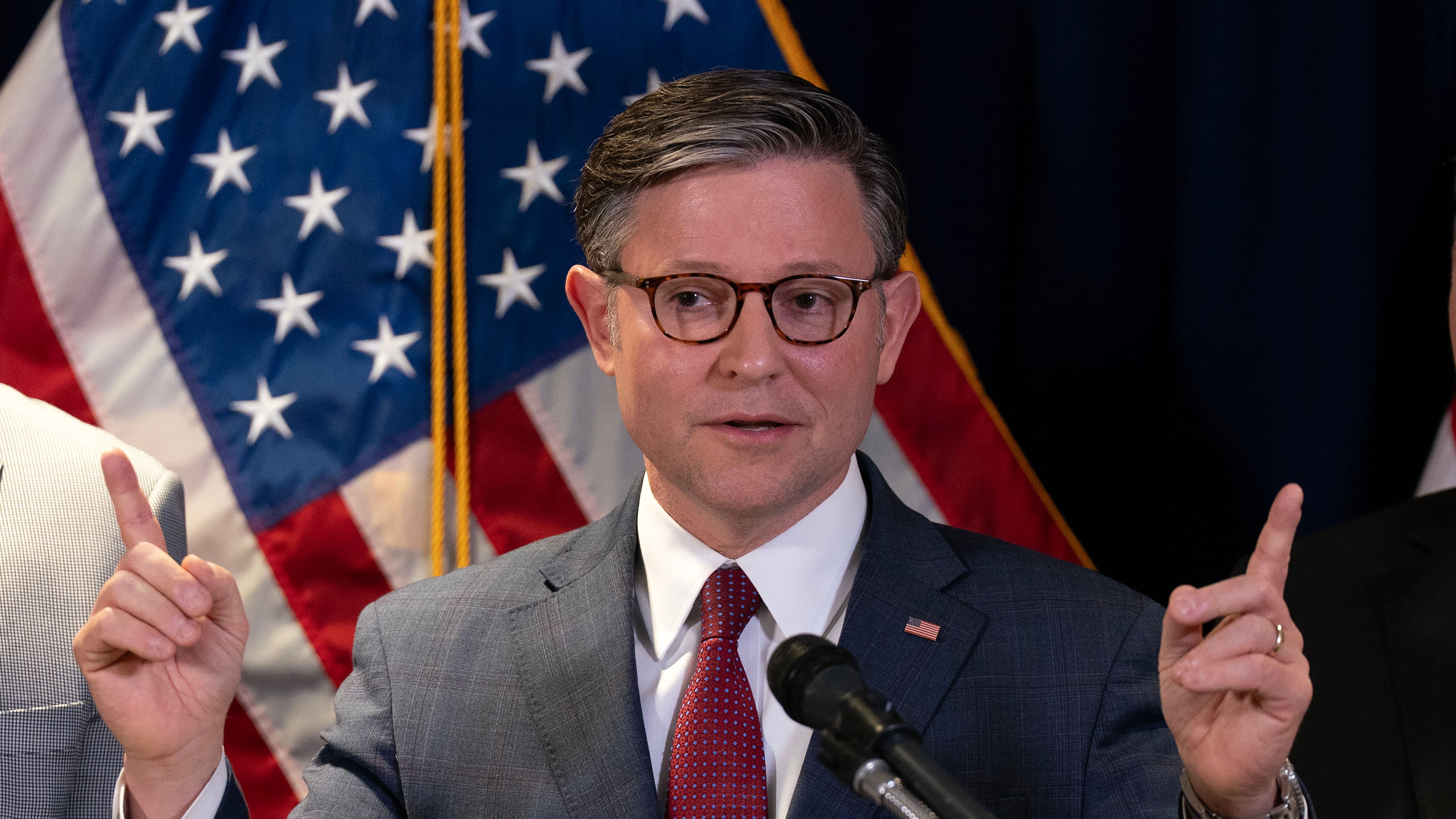 Speaker of the House Mike Johnson, R-La., speaks during a news conference on Capitol Hill, Tuesday, Sept. 15, 2026, in Washington. (AP Photo/Jose Luis Magana)